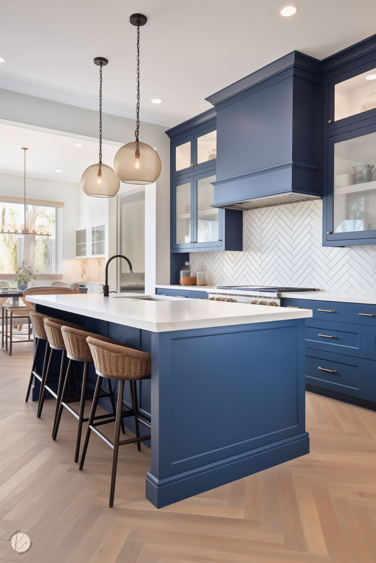 A modern kitchen with navy blue cabinetry, brass hardware, and a large island with a white quartz countertop. The island features a deep sink with a black faucet and is paired with woven rattan barstools. A white herringbone tile backsplash extends behind the range hood, which is painted to match the cabinets. Two woven pendant lights hang above the island, adding warmth. Light wood herringbone flooring and an open-concept layout complete the airy, inviting space.