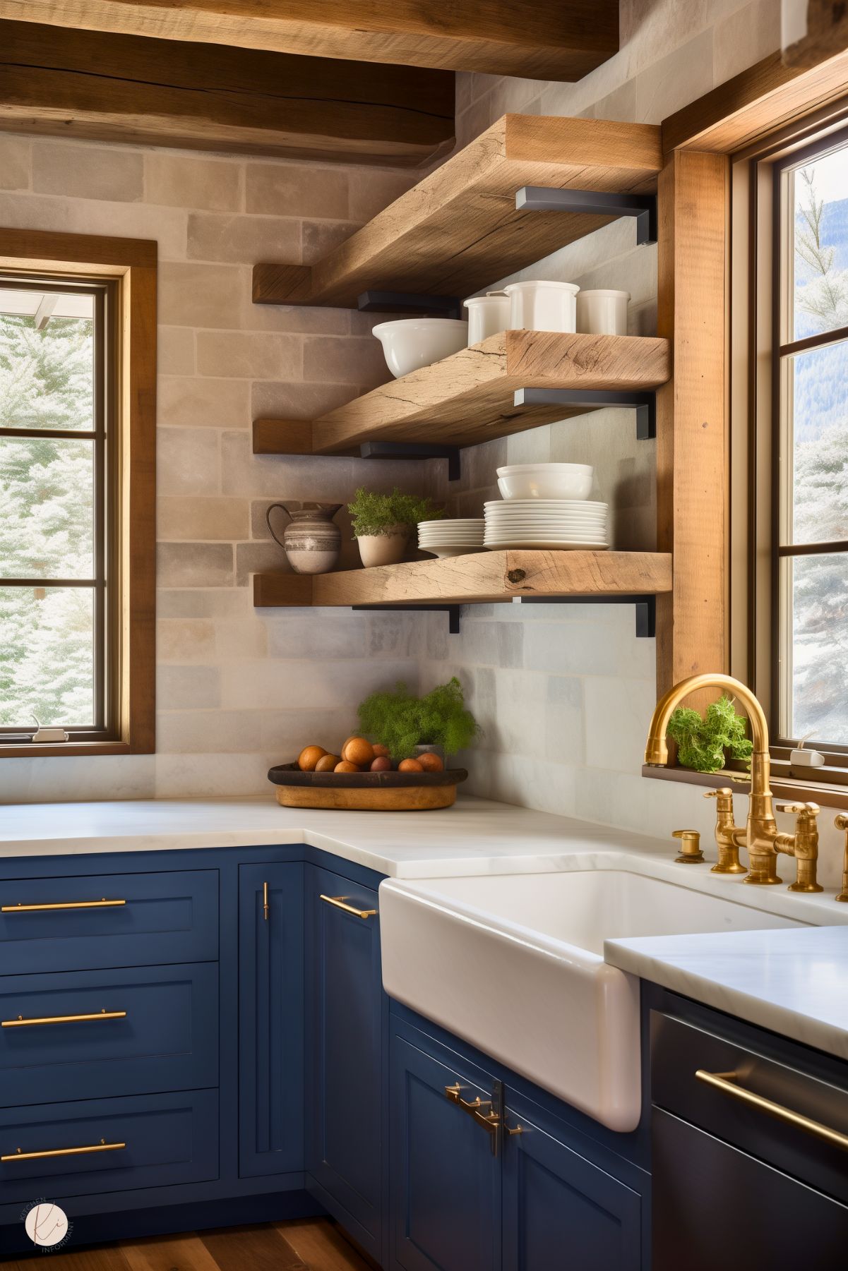 A cozy rustic kitchen with navy blue cabinets, brass hardware, and a farmhouse sink. Thick, natural wood floating shelves with black metal brackets hold white dishware, ceramic pitchers, and small potted plants. The warm beige tile backsplash complements the wooden ceiling beams and window trim. A gold faucet adds a touch of elegance, while a wooden bowl filled with fresh fruit sits on the white countertop. Large windows provide a scenic view of snowy trees outside.