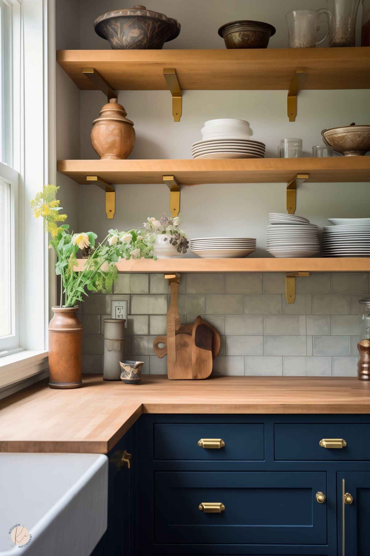 A rustic kitchen corner with navy blue cabinets, brass hardware, and a butcher block countertop. Open wooden shelves with brass brackets hold stacked white dishes, ceramic bowls, and decorative pottery. A light gray subway tile backsplash adds texture, while a farmhouse-style sink is partially visible near a bright window. A wooden cutting board, stoneware vases, and fresh flowers complete the warm, inviting space.