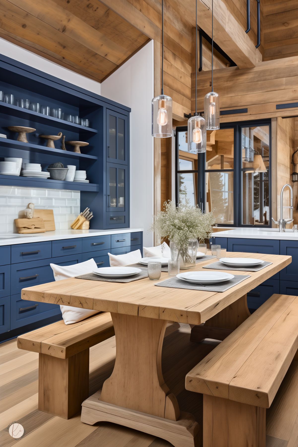 A rustic kitchen with navy blue cabinets, open shelving, and a farmhouse-style wooden dining table with matching benches. Glass pendant lights hang above, and large windows let in natural light. The table is set with white plates and gray placemats, with a vase of white flowers as a centerpiece. Wood-paneled ceilings and a snowy outdoor view add to the cozy feel.