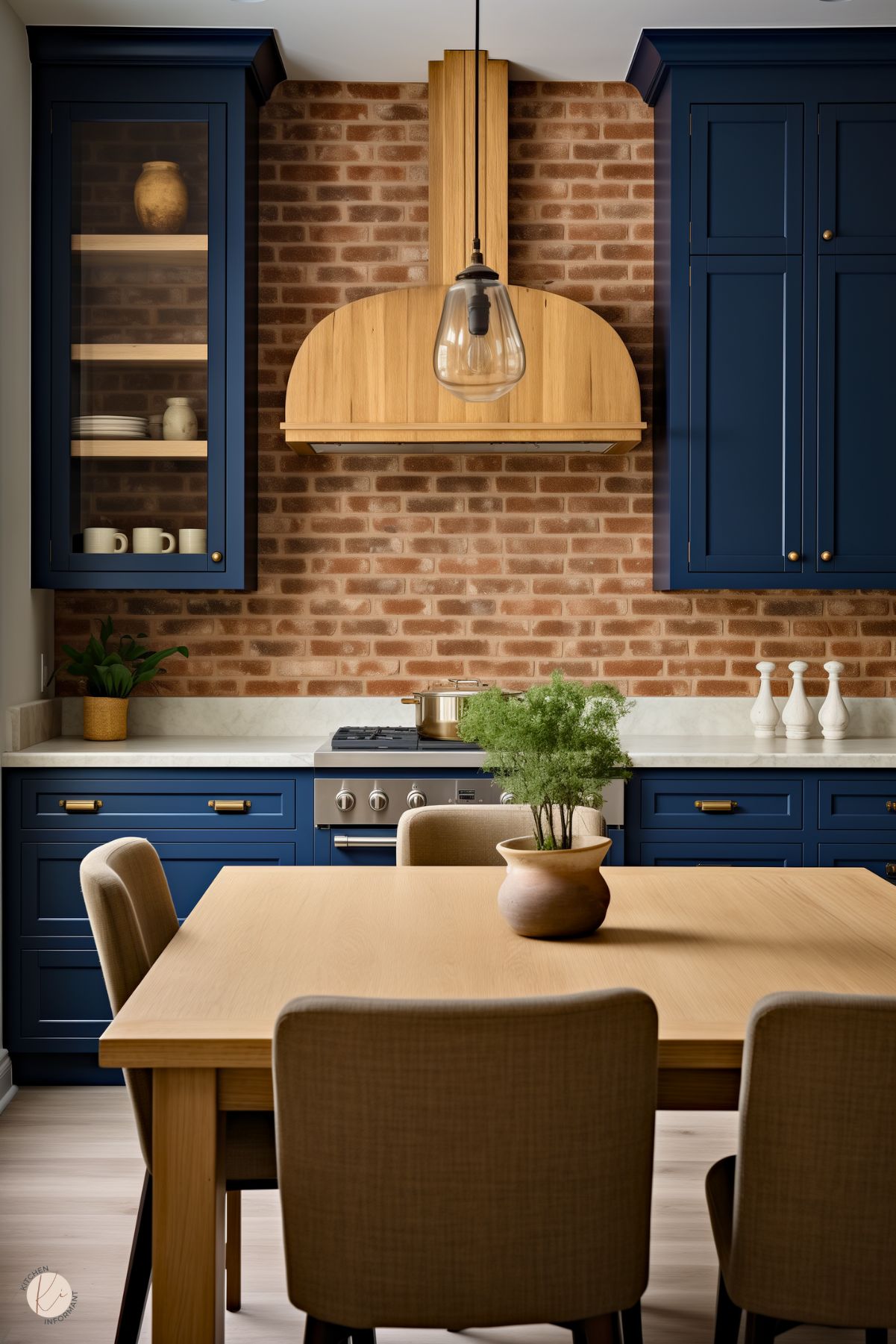 A rustic kitchen with navy blue cabinets, brass hardware, and an exposed brick backsplash. A custom wood range hood adds warmth and complements the wooden dining table in the foreground, which is surrounded by upholstered beige chairs. Open glass-front cabinets display neutral dishware, while a potted green plant sits as a centerpiece on the table. A single glass pendant light hangs above, enhancing the cozy and inviting ambiance.