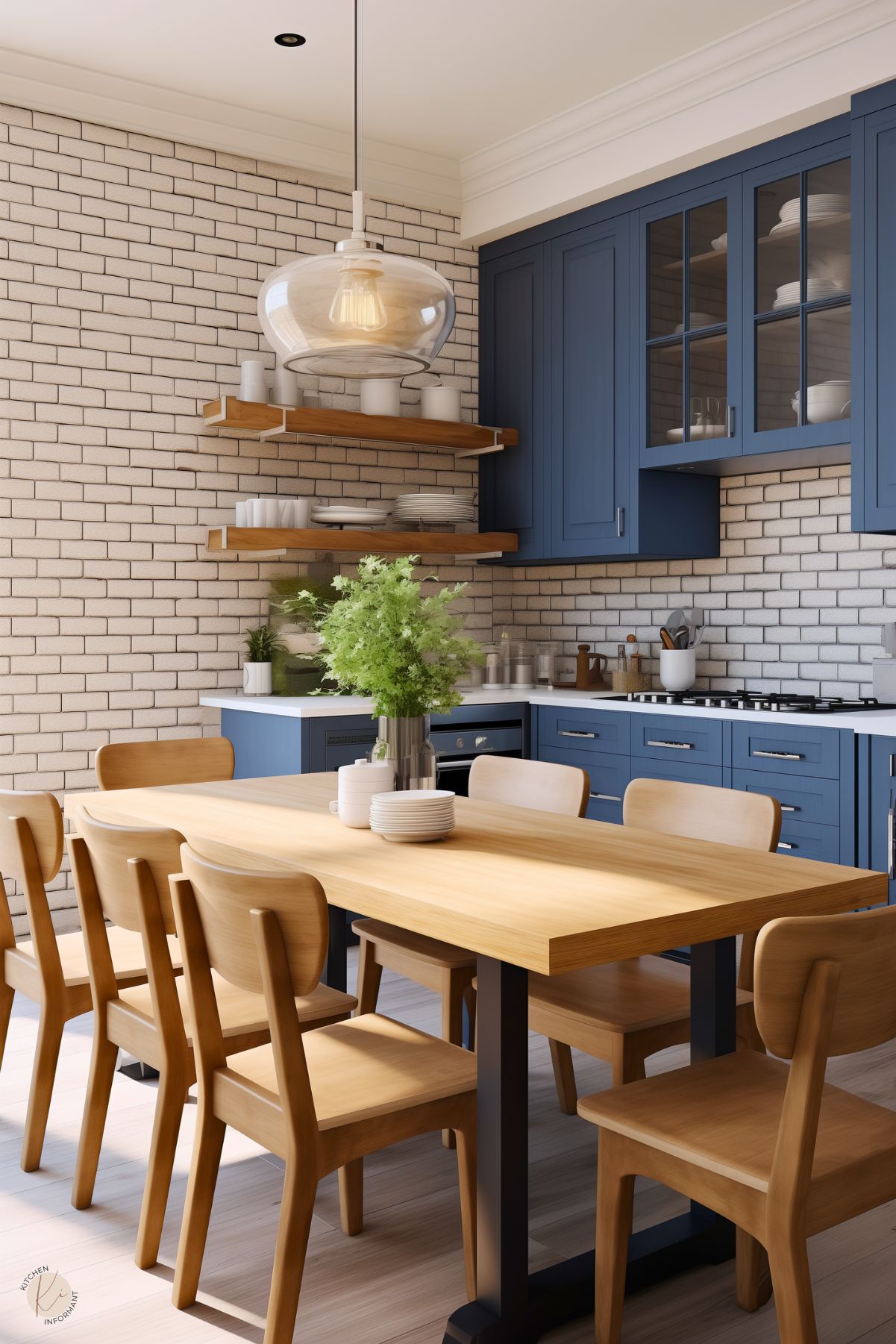 A rustic kitchen with navy blue cabinets, white brick walls, and open wooden shelves holding neatly stacked dishware. A light wood dining table with matching chairs sits in the center, decorated with a vase of greenery. A large glass pendant light hangs above, adding warmth to the bright, airy space.