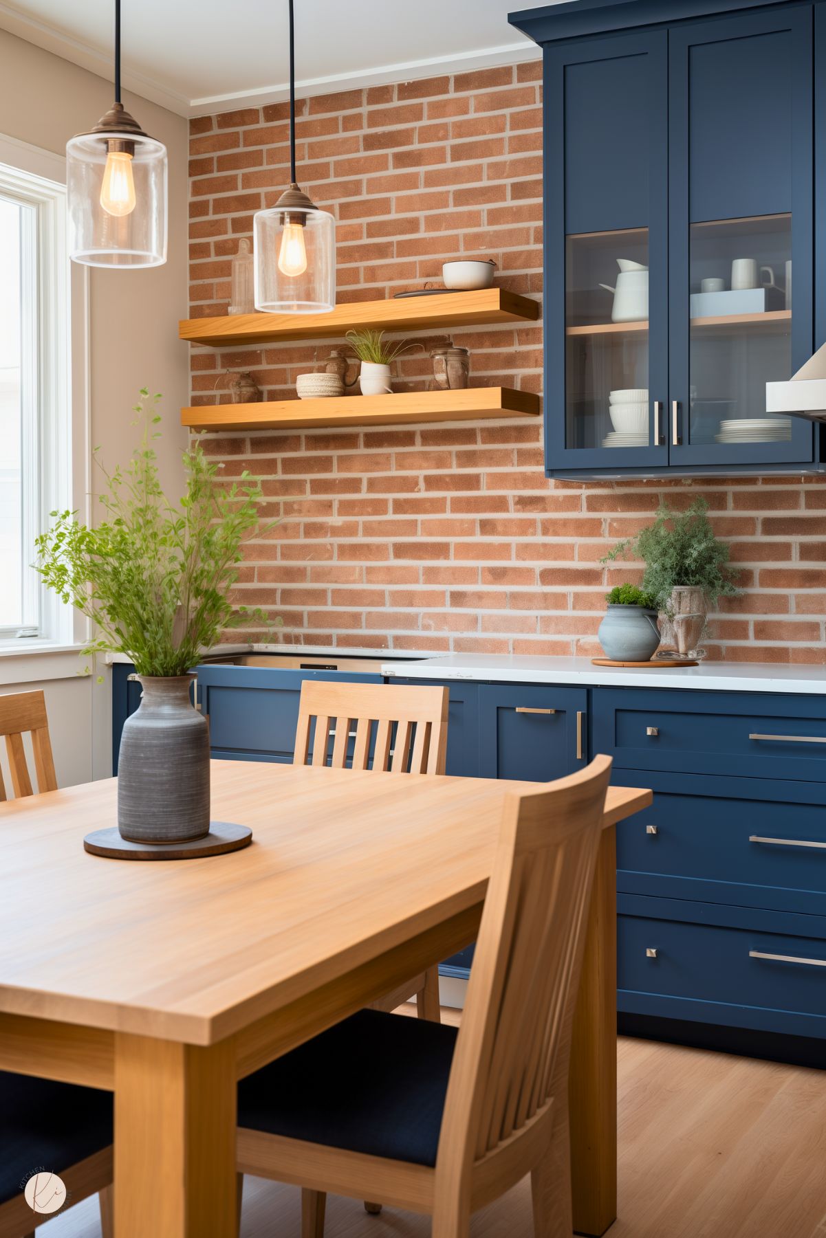 A rustic kitchen with navy blue cabinets, open wooden shelves, and an exposed brick backsplash. A light wood dining table with matching chairs sits in the center, decorated with a gray vase filled with greenery. Two glass pendant lights with Edison bulbs hang above, adding warmth to the inviting space.