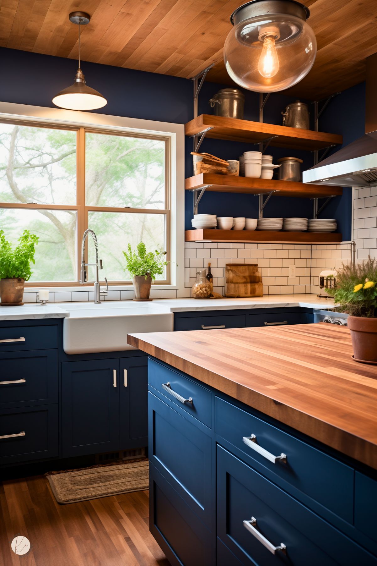 A rustic kitchen with navy blue cabinets, a farmhouse sink, and wooden open shelves displaying dishware and metal canisters. A butcher block island adds warmth, complemented by a wood-paneled ceiling. White subway tiles and large windows bring in natural light, with potted herbs adding a fresh touch. Industrial-style pendant lights complete the cozy, inviting space.