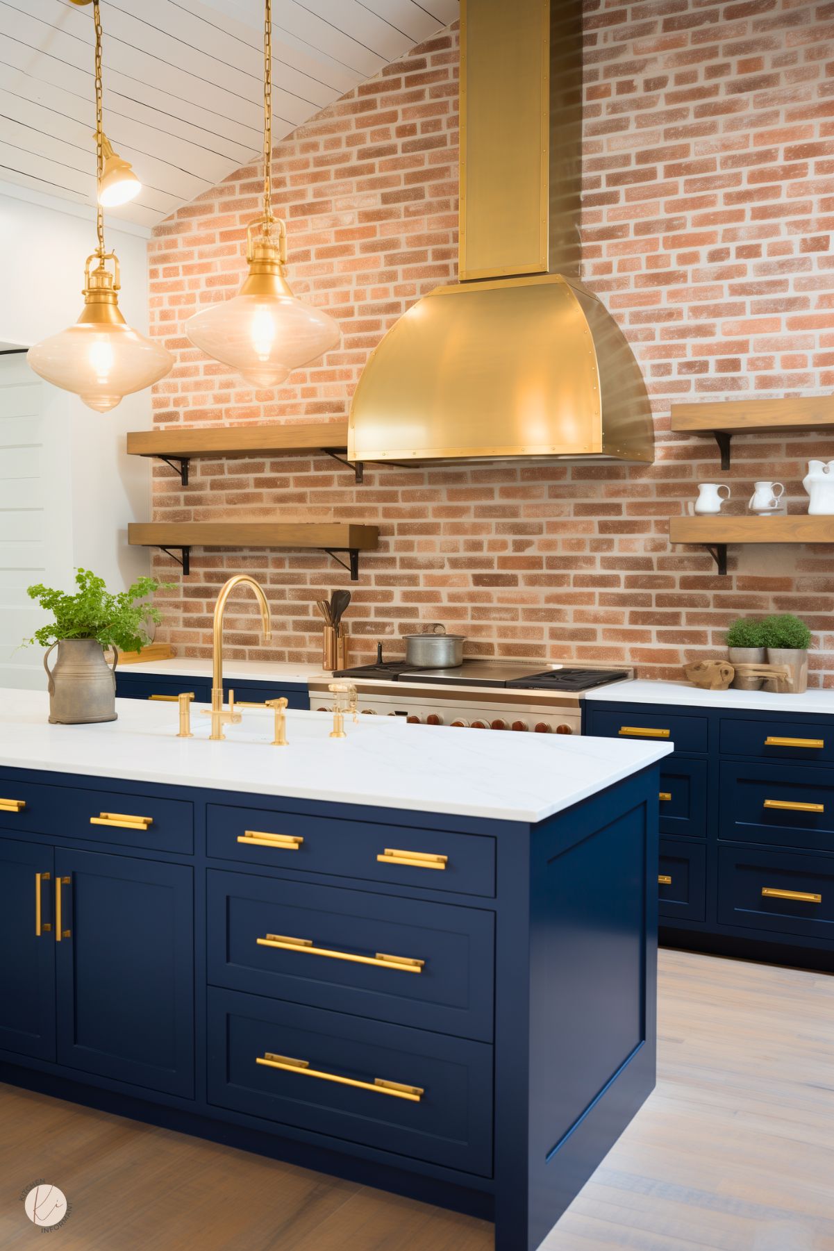 A rustic kitchen with navy blue cabinets, brass hardware, and an exposed brick wall. A large brass range hood serves as a bold focal point, complemented by matching gold pendant lights and a faucet. Open wooden shelves hold white dishware, while a white countertop contrasts with the rich tones. The vaulted ceiling and light wood flooring add warmth to the space.