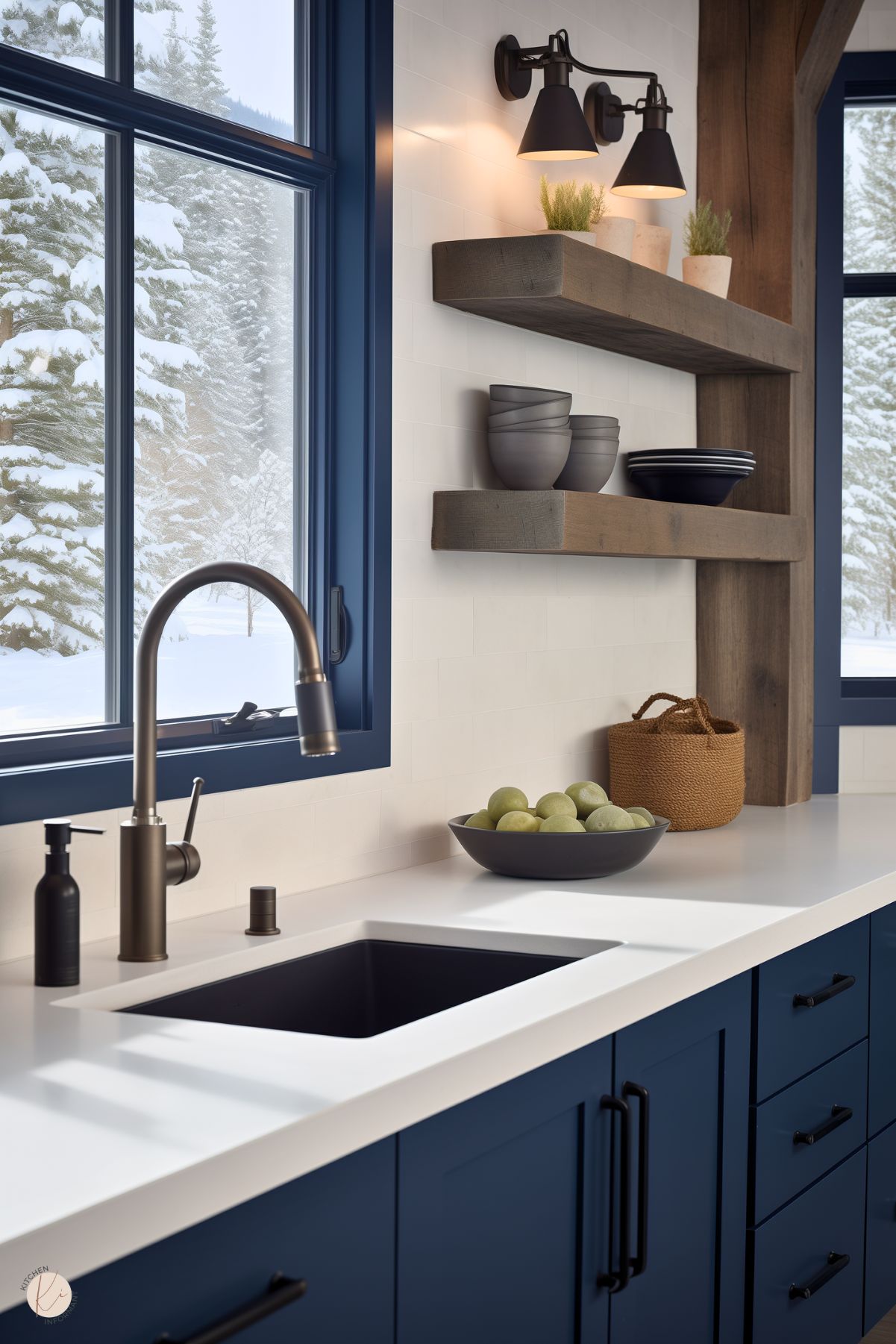 A rustic kitchen with navy blue cabinets, black hardware, and a white countertop. A matte black sink and faucet contrast with the light backsplash. Floating wooden shelves hold dark dishware and small potted plants. A large window framed in navy blue offers a snowy mountain view, while black wall sconces provide warm lighting.