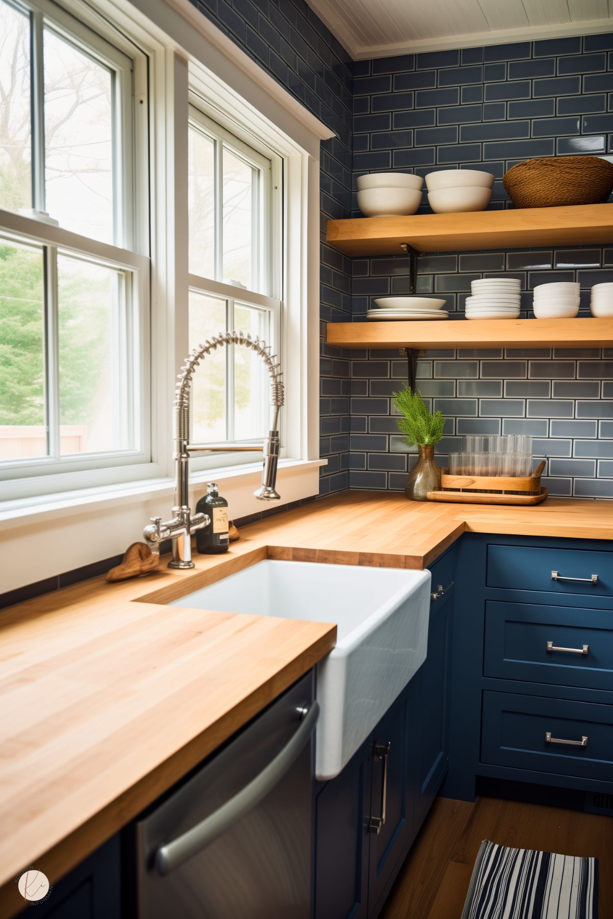 A rustic kitchen with navy blue cabinets, a farmhouse sink, and butcher block countertops. Open wooden shelves with black metal brackets hold white dishware and a woven basket. The navy subway tile backsplash adds depth, while large windows bring in natural light. A stainless steel industrial-style faucet enhances the functional yet cozy design.