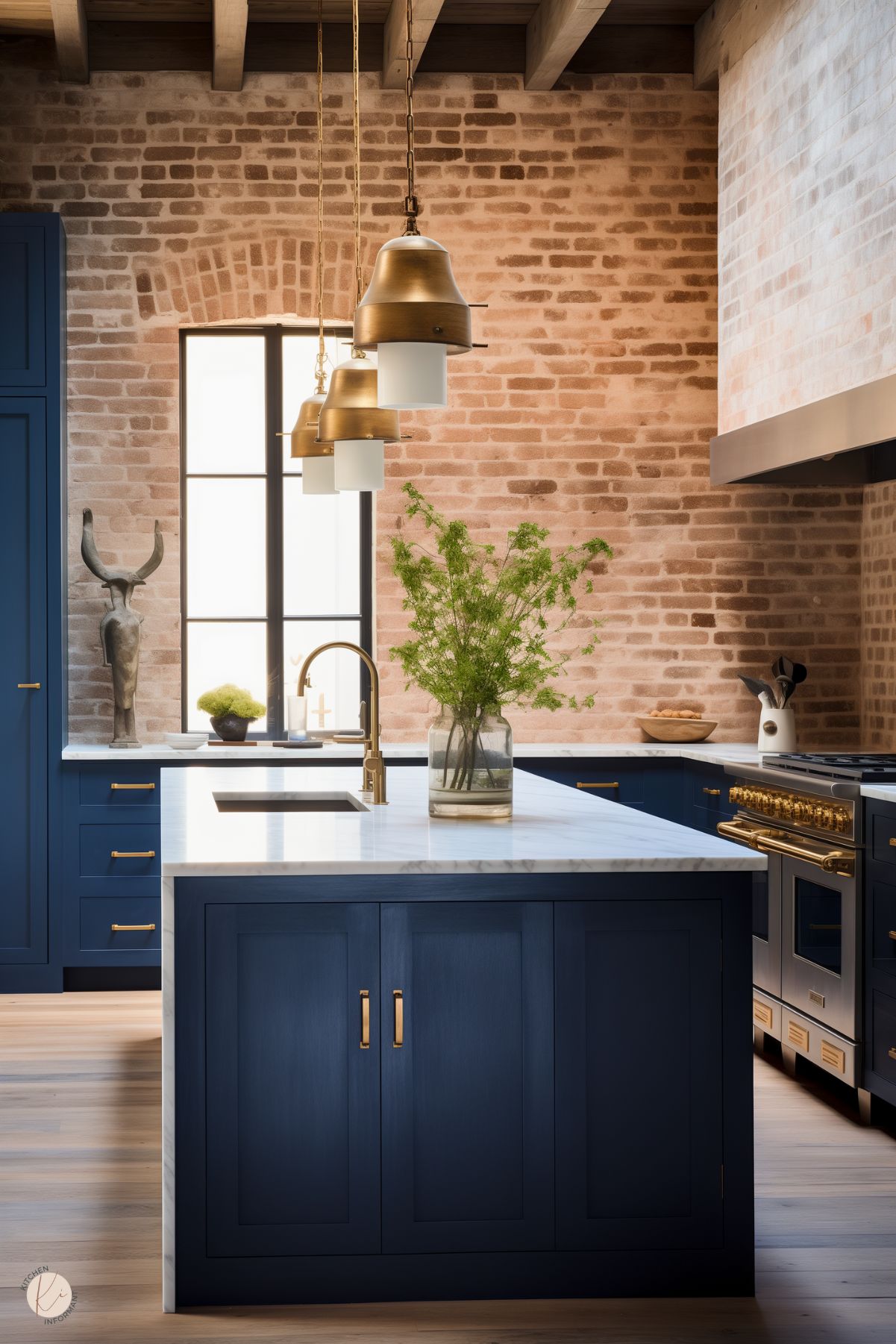 A rustic kitchen with navy blue cabinets, brass hardware, and an exposed brick wall. A large island with a marble countertop features a gold faucet and a vase with greenery. Brass pendant lights hang from a wood-beamed ceiling, adding warmth. A gold-accented range complements the vintage-inspired design, while a tall window lets in natural light.