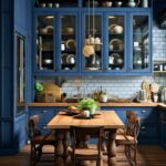 A rustic kitchen with navy blue cabinetry, glass-front upper cabinets, and a subway tile backsplash. A wooden dining table with ornate legs is surrounded by matching chairs, with a potted plant as a centerpiece. Warm wood countertops and open shelving display neatly arranged dishware. Brass pendant lights hang above, enhancing the cozy, vintage-inspired aesthetic.