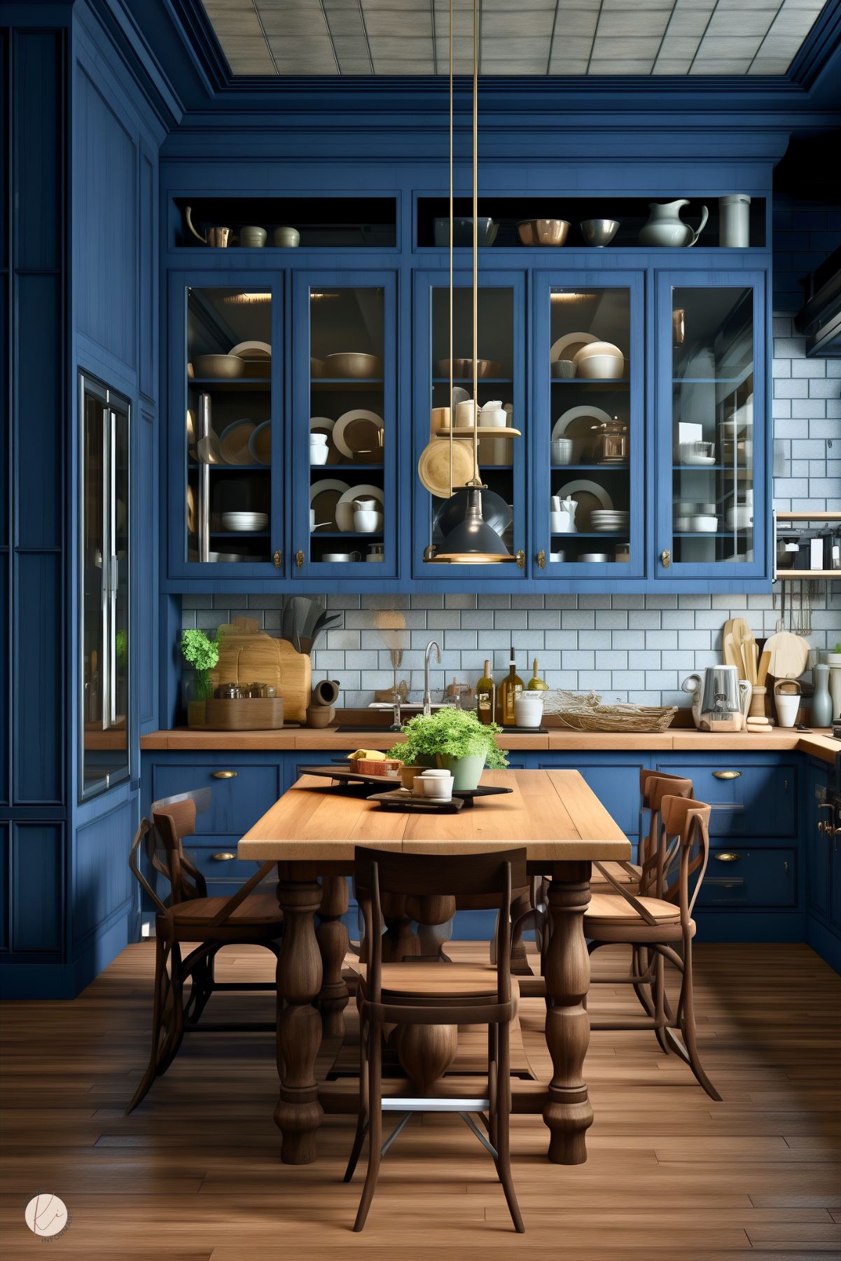 A rustic kitchen with navy blue cabinetry, glass-front upper cabinets, and a subway tile backsplash. A wooden dining table with ornate legs is surrounded by matching chairs, with a potted plant as a centerpiece. Warm wood countertops and open shelving display neatly arranged dishware. Brass pendant lights hang above, enhancing the cozy, vintage-inspired aesthetic.