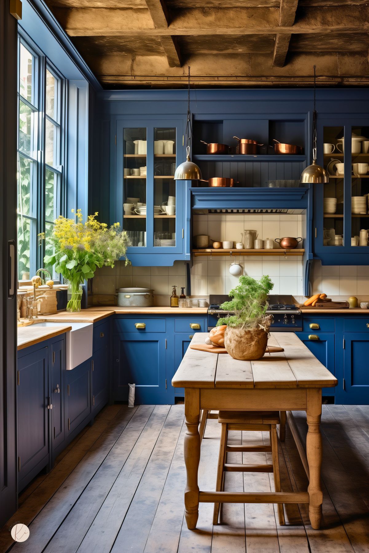 A rustic kitchen with navy blue cabinets, brass hardware, and a farmhouse sink. Open shelving and glass-front cabinets display white dishware and copper cookware. A weathered wooden island with a potted herb centerpiece adds charm. Pendant lights with brass shades hang from a rustic beamed ceiling, while a large window fills the space with natural light.