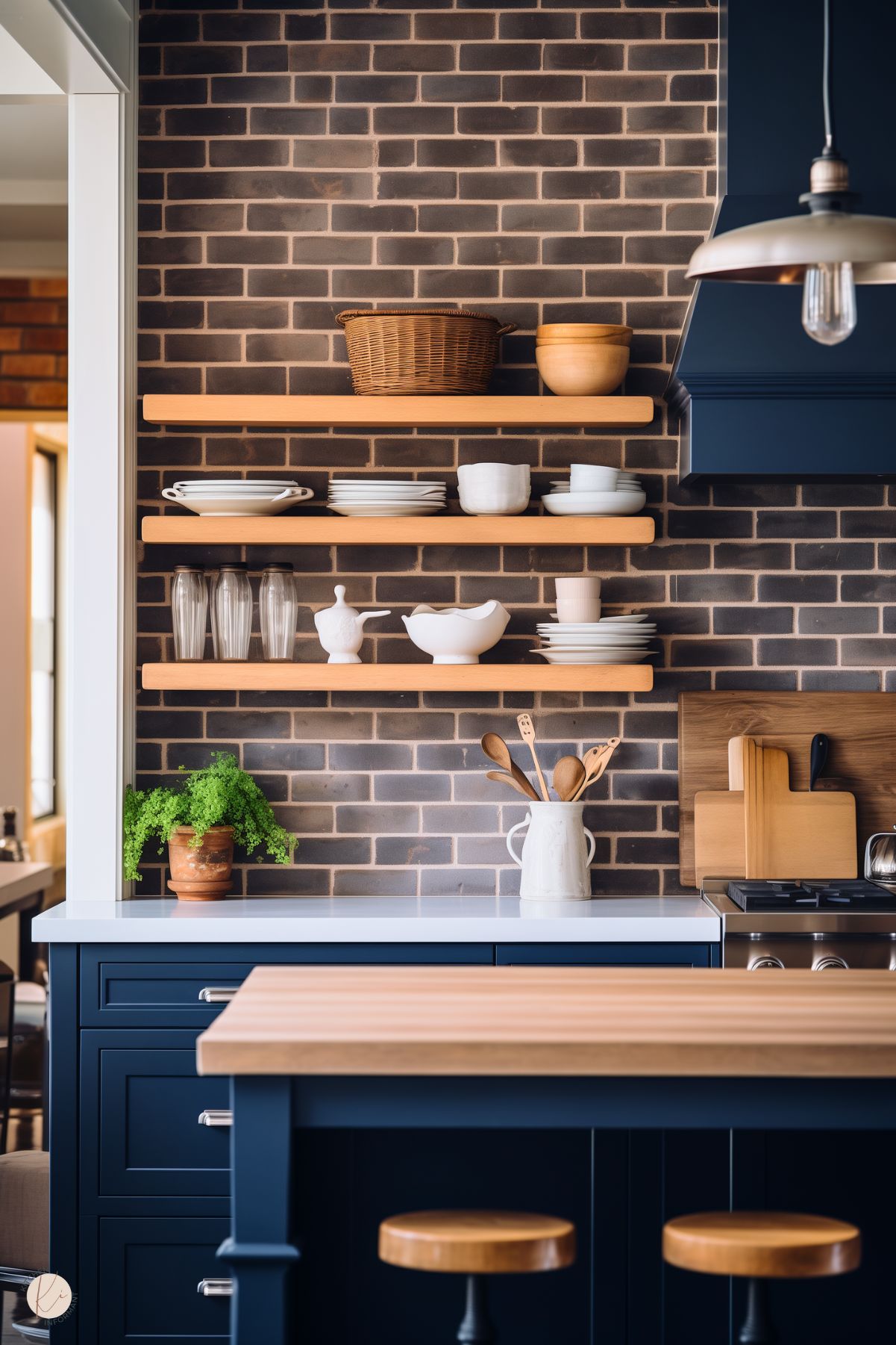 A rustic kitchen with navy blue cabinets, a dark brick backsplash, and open wooden shelves displaying white dishware, glassware, and woven baskets. A butcher block island with wooden stools adds warmth, while a white countertop contrasts with the deep tones. A vintage-style pendant light and potted greenery enhance the cozy, inviting feel.