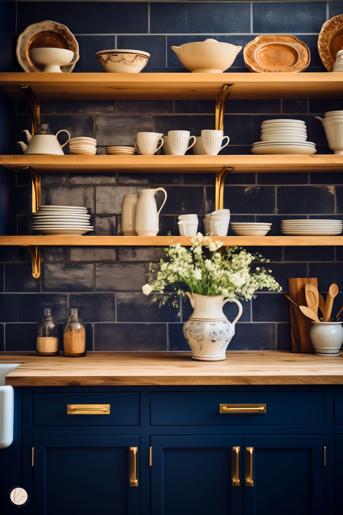 A rustic kitchen with navy blue cabinets, brass hardware, and a butcher block countertop. Open wooden shelves with brass brackets display cream-colored dishware, vintage plates, and ceramic mugs. The deep navy blue subway tile backsplash adds a rich contrast. A white and blue marbled pitcher filled with fresh white flowers sits on the countertop, alongside wooden utensils and glass spice jars, enhancing the warm and inviting aesthetic.