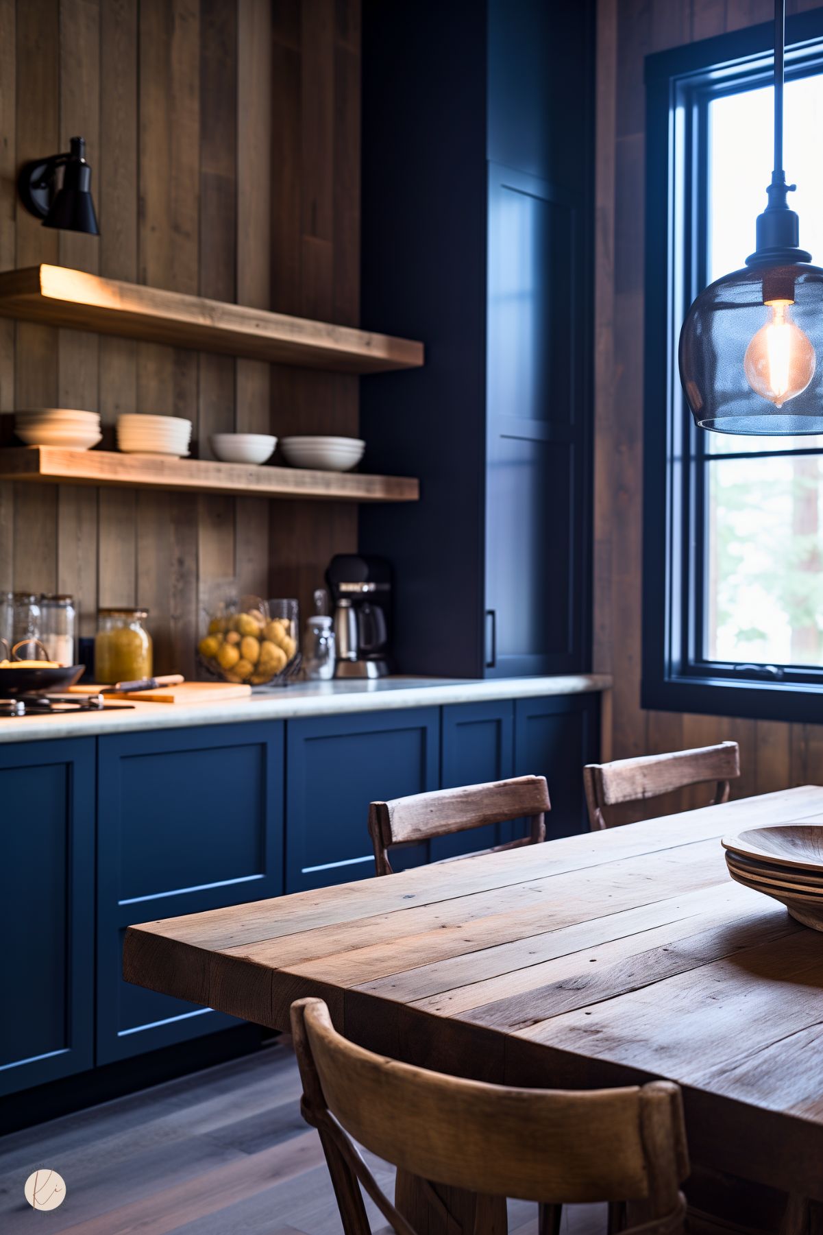 A rustic kitchen with navy blue lower cabinets, warm wood-paneled walls, and open wooden shelves holding simple white dishware. A large wooden dining table with matching chairs adds to the cozy, farmhouse aesthetic. A glass pendant light with an exposed Edison bulb hangs above, casting a soft glow. Natural light streams through black-framed windows, highlighting the countertop with a gas cooktop, coffee maker, and a bowl of fresh lemons.