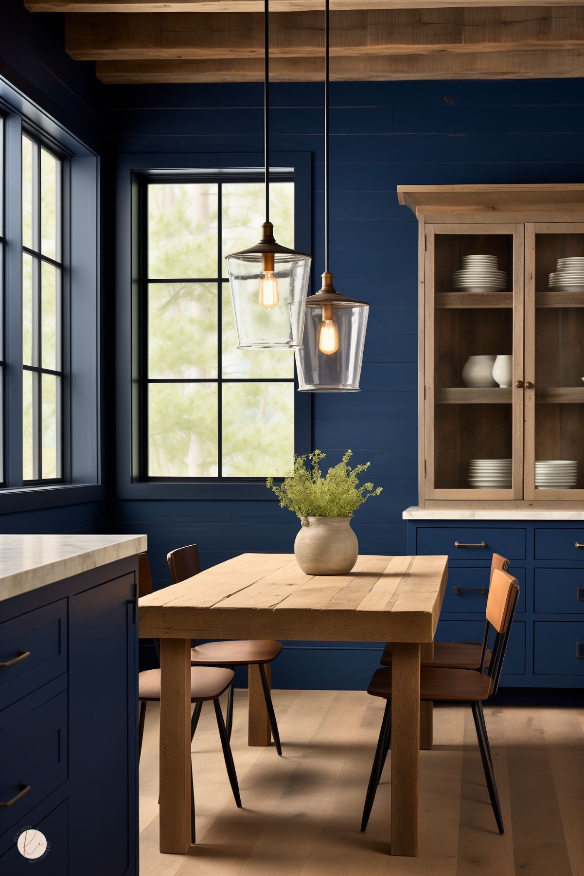 A rustic kitchen with deep navy blue walls, wood accents, and large black-framed windows. A sturdy wooden dining table with matching chairs sits in the center, decorated with a simple beige vase holding greenery. Two glass pendant lights with brass fittings hang above. A wooden cabinet with glass doors displays neatly stacked white dishware, while navy blue cabinetry with brass hardware adds a sophisticated contrast.