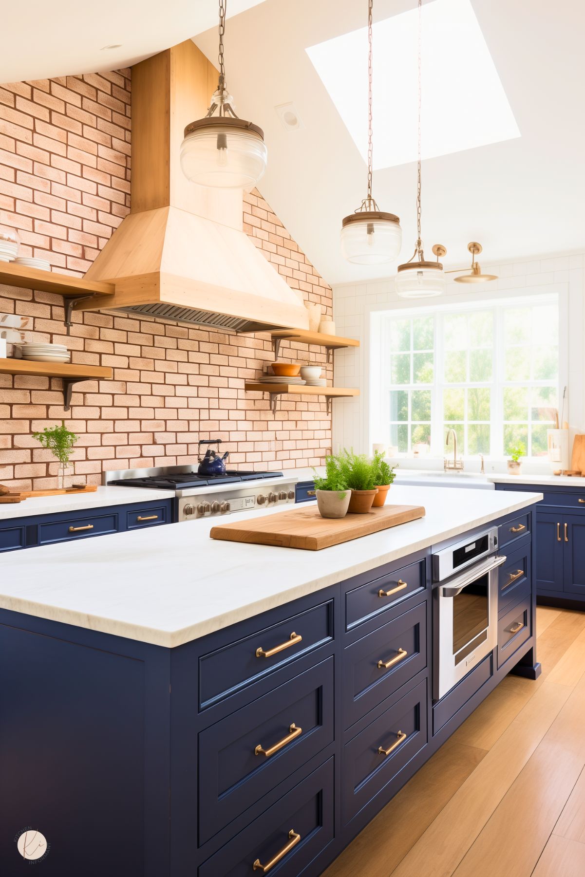 A bright rustic kitchen with navy blue cabinets, brass hardware, and white marble countertops. A large island features a built-in oven and a wooden cutting board with potted herbs. The exposed brick backsplash adds warmth, complemented by open wooden shelves holding simple dishware. A wooden range hood blends seamlessly with the natural elements. Glass pendant lights with brass chains hang above, while a skylight and large window flood the space with natural light.