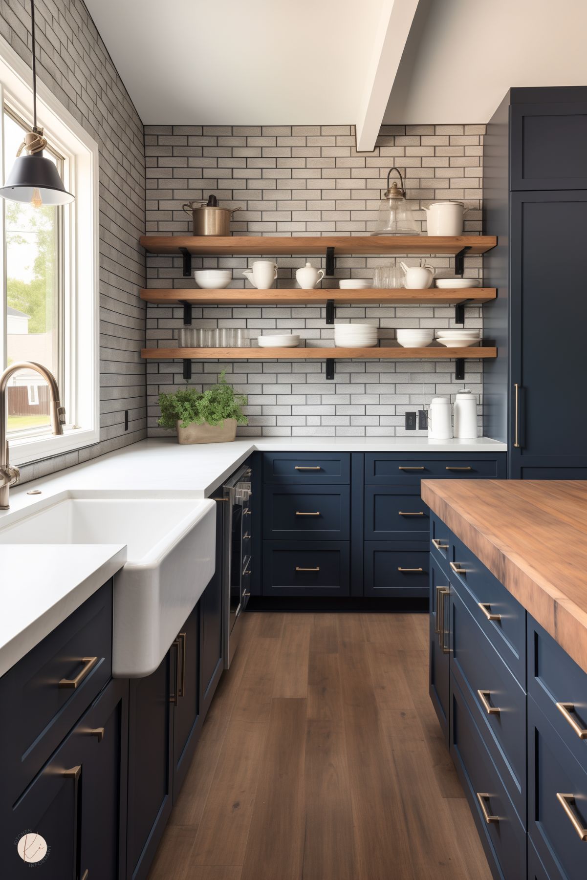 A rustic kitchen with navy blue cabinets, brass hardware, and a farmhouse sink. Open wooden shelves with black metal brackets hold white dishware and glassware against a gray subway tile backsplash. A large wooden island with a butcher block countertop adds warmth, while natural light streams in through a window above the sink.