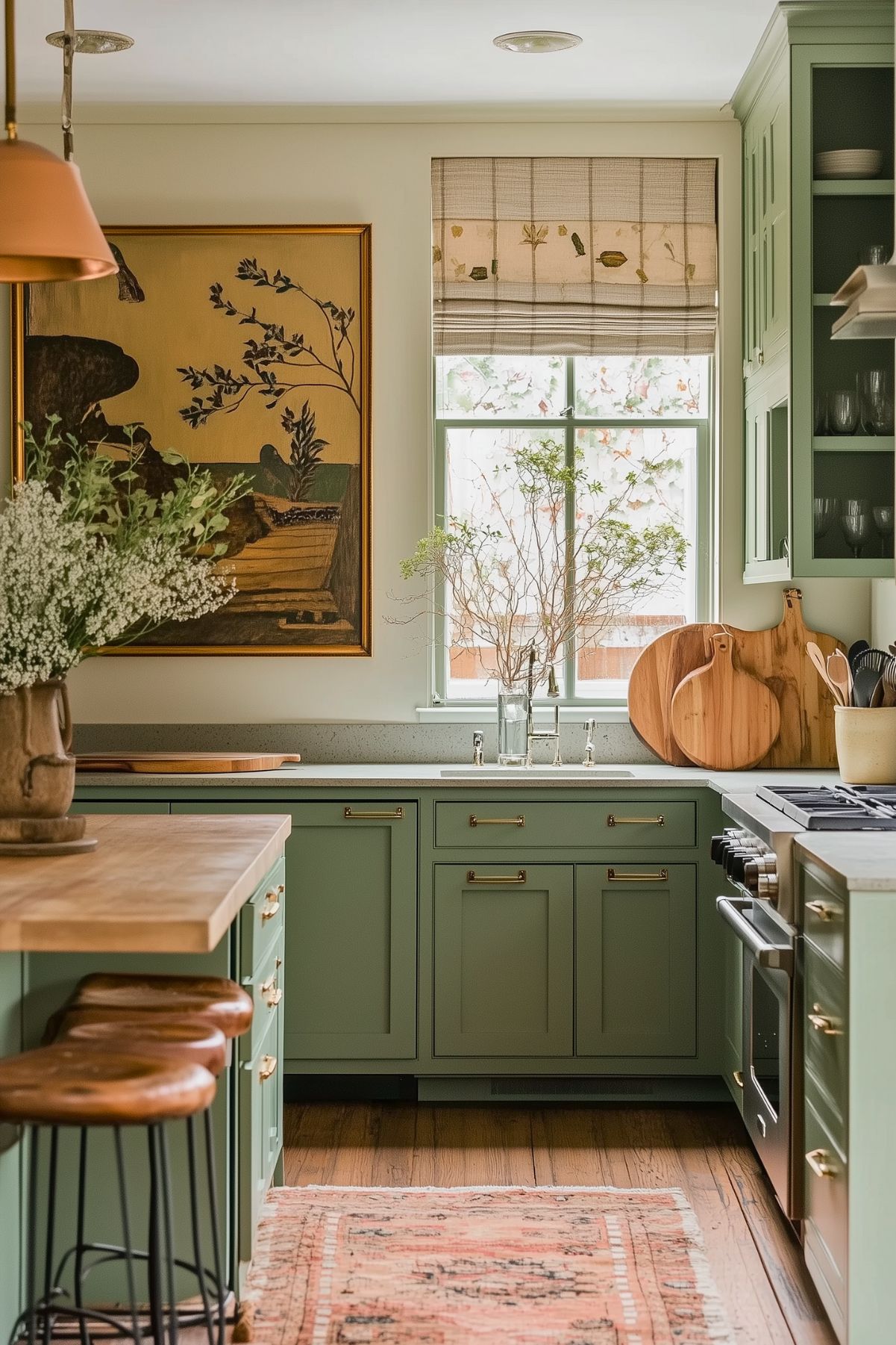 A charming kitchen with sage green cabinetry and brass hardware, complemented by a light wood butcher block island and barstools with leather seats. A large framed botanical artwork adds character, while the window features a patterned Roman shade, bringing in natural light. The countertops are adorned with cutting boards, glass vases with greenery, and simple decor. A faded vintage rug on warm wooden flooring completes the cozy, inviting atmosphere.