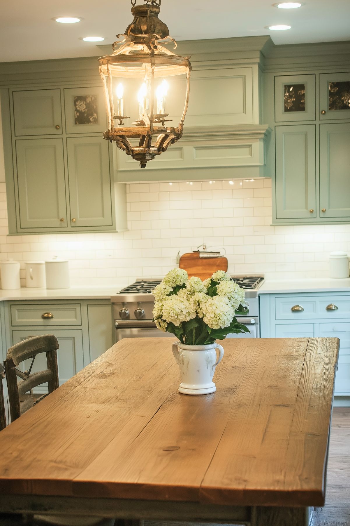 A cozy preppy kitchen featuring sage green cabinetry, a white subway tile backsplash, and a rustic wooden table. The space is illuminated by a vintage-style lantern pendant light, with fresh hydrangeas adding a charming and natural touch.