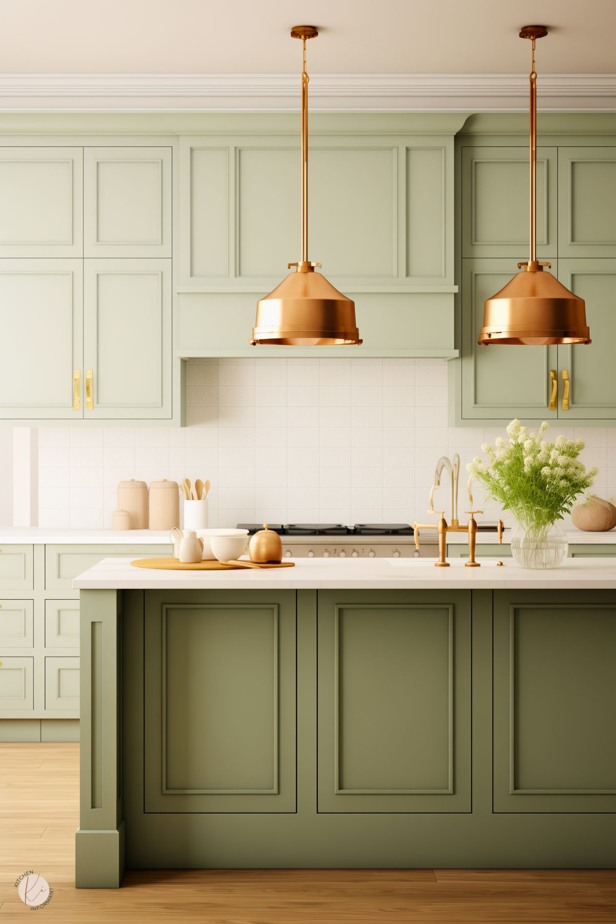 A sophisticated kitchen with sage green cabinets and a large island featuring detailed paneling. The white countertop is accented by a brass gooseneck faucet and a vase of fresh white flowers. Copper pendant lights and cabinet hardware provide warm contrast, while the backsplash is a subtle white tiled design. Light wood flooring enhances the airy, inviting ambiance.