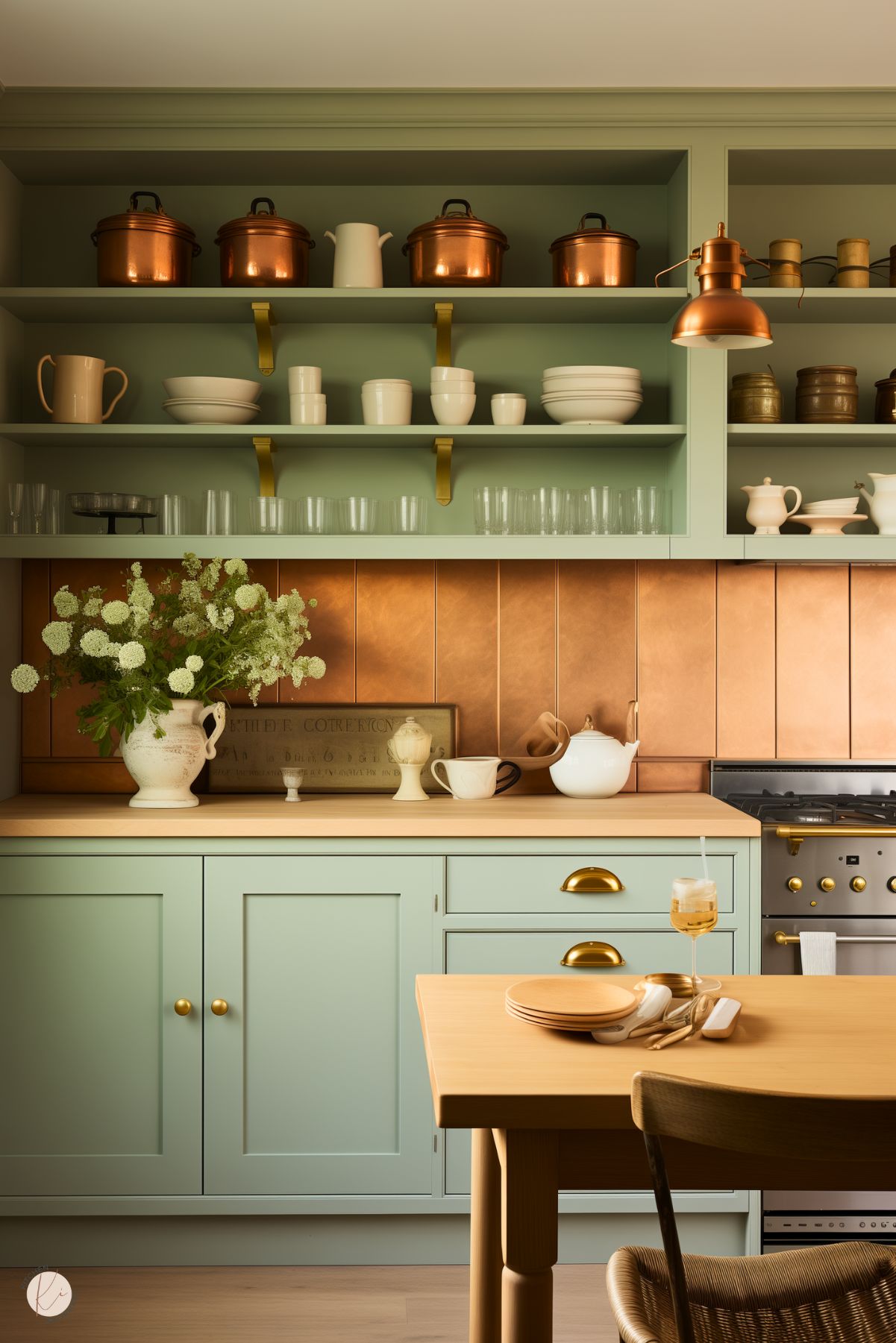 A charming kitchen with sage green cabinets, open shelving displaying white dishes and copper cookware, and a warm copper backsplash. Brass accents on the shelves and cabinet hardware add elegance, while a wooden countertop and dining table bring natural warmth. A white ceramic vase with fresh flowers and a neatly set table create a welcoming, cozy atmosphere. A stainless steel oven with brass knobs completes the design.