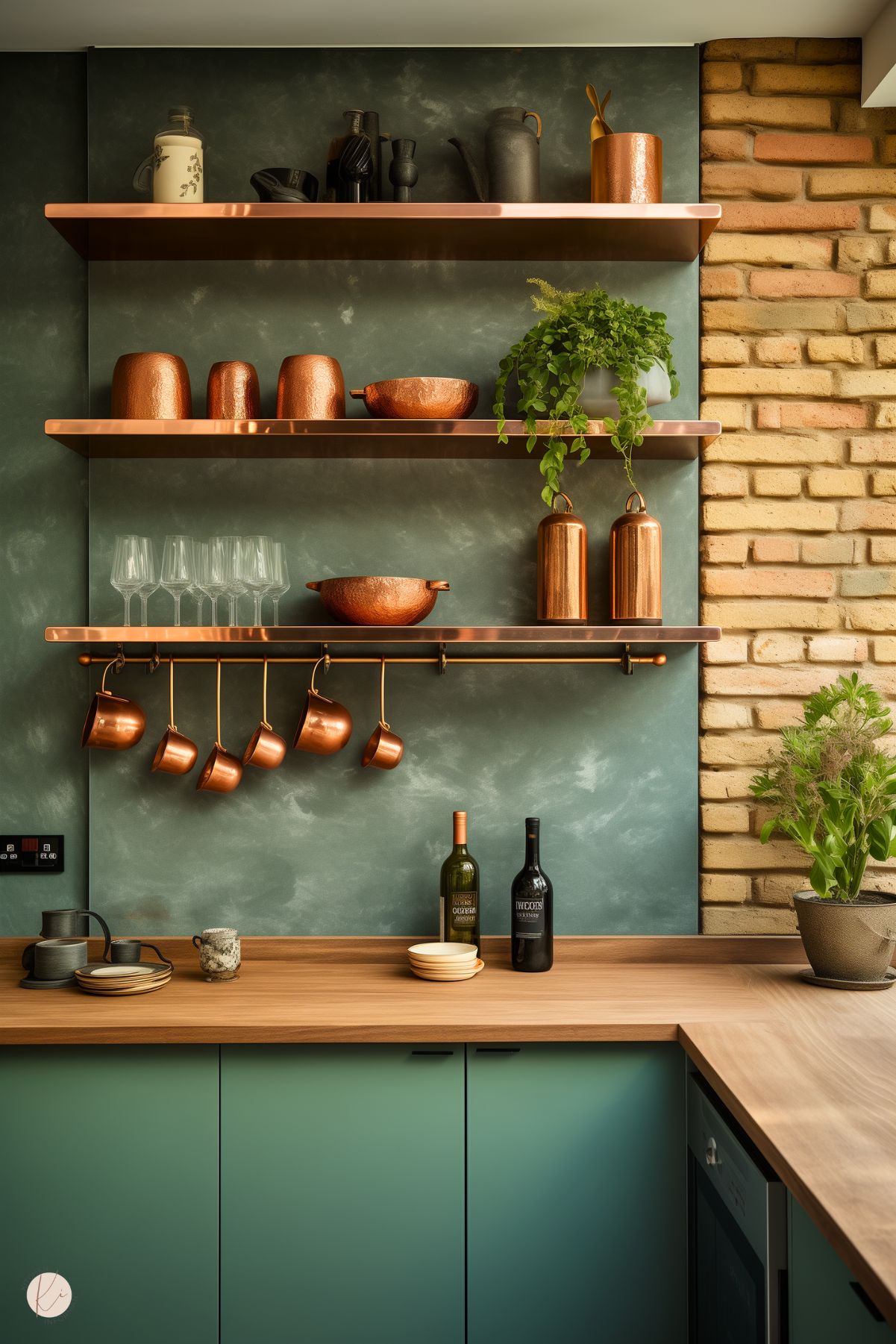 A contemporary kitchen with sage green lower cabinets and wooden countertops. The backsplash features a rich, textured green finish, complemented by exposed brick. Copper shelving displays matching cookware, cups, and decorative items, while a hanging rack adds functional storage. Greenery in pots softens the design, and wine bottles, ceramic dishes, and mugs add personal touches to this stylish, industrial-inspired space.