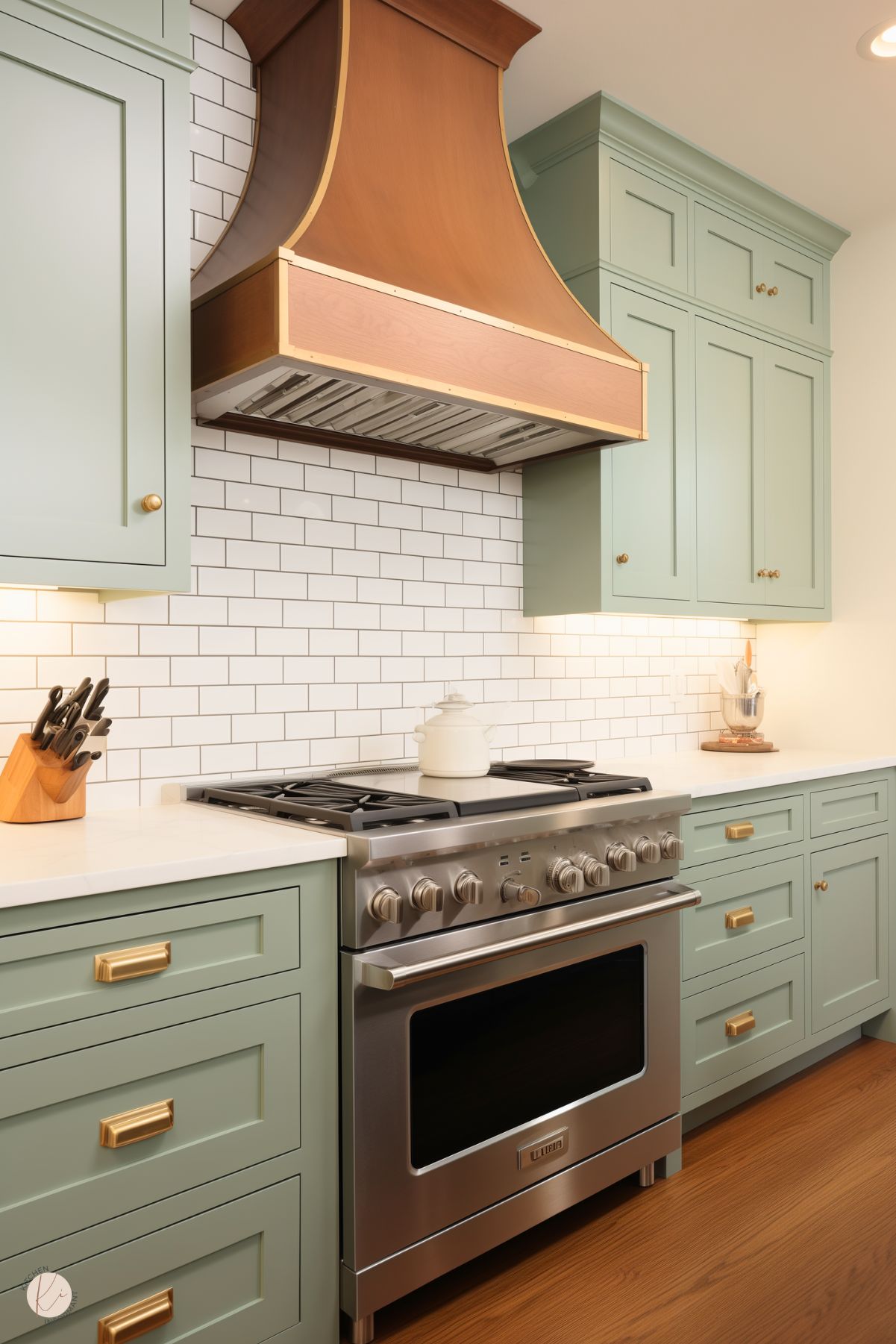 A transitional kitchen featuring sage green cabinetry paired with brass hardware for a subtle elegance. A custom wooden range hood with copper accents serves as a focal point, complemented by a classic white subway tile backsplash. The stainless steel stove adds a modern touch, while the warm wood flooring enhances the cozy, timeless feel. Under-cabinet lighting highlights the clean and functional design.