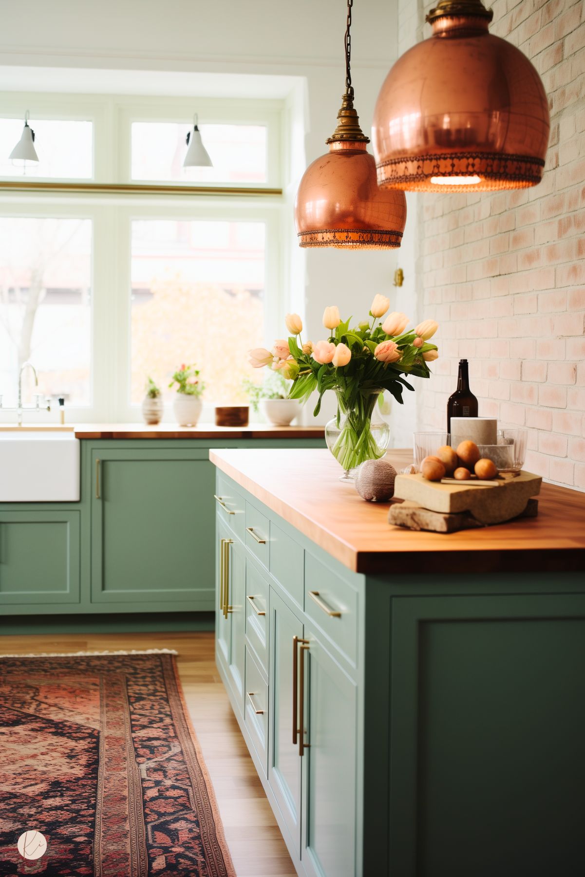 A warm and inviting kitchen featuring sage green cabinetry with brass hardware and rich wood countertops. A pair of copper pendant lights hang above the island, adding a cozy glow. The brick backsplash enhances the rustic charm, while a farmhouse sink and large windows bring in natural light. A vintage-style rug and a vase of fresh tulips on the island complete the welcoming aesthetic.