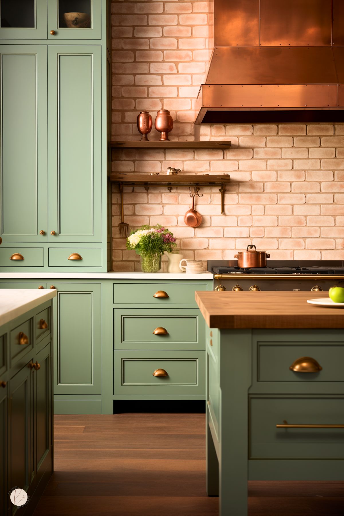 A cozy kitchen with sage green cabinets adorned with brass cup pulls and knobs. A striking copper range hood stands out against a warm brick backsplash, complemented by rustic wooden shelves displaying copper accents and decorative items. The kitchen island features a butcher block countertop, adding natural warmth, while a vase of fresh flowers adds a touch of charm to the functional yet inviting space.