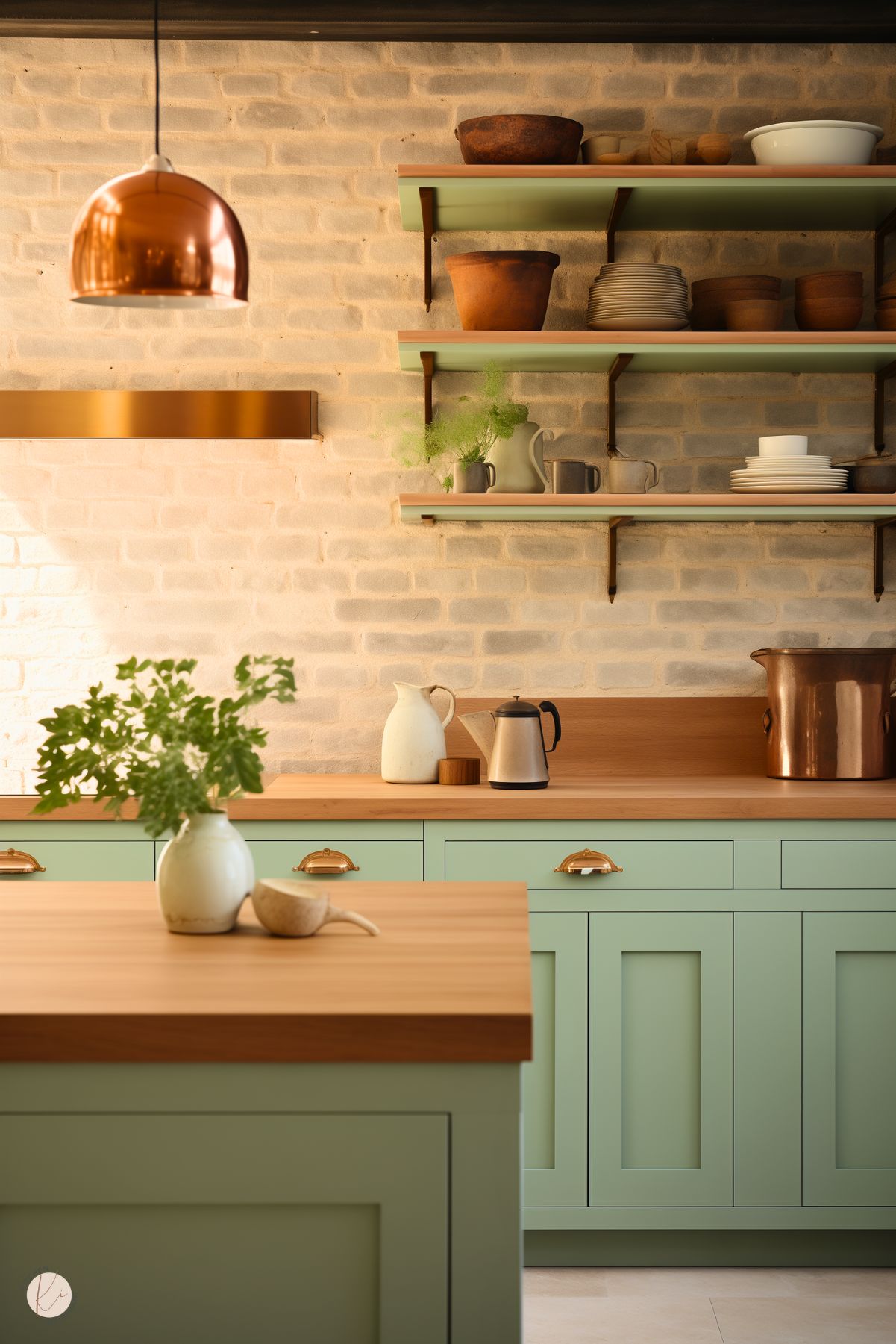 A rustic kitchen featuring sage green cabinetry with brass cup pulls and warm wood countertops. Open shelving displays neutral-toned dishes, terracotta pots, and greenery, set against a light brick backsplash. A central island with a matching wood top adds functionality, while a copper pendant light provides a warm glow. The space combines natural textures and earthy tones for a cozy, inviting feel.