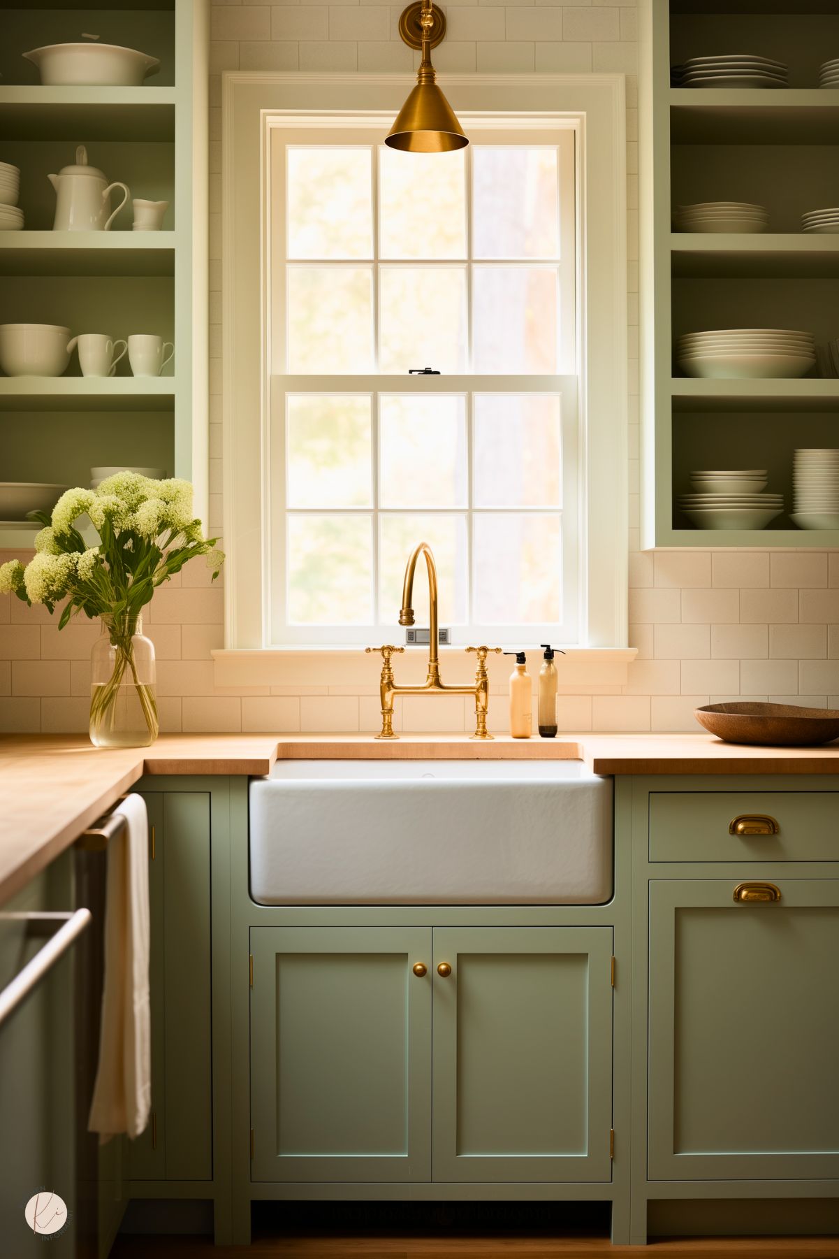 A cozy kitchen with sage green cabinetry and brass hardware, centered around a farmhouse sink with a vintage-style brass faucet. Open shelves frame the window, showcasing neatly arranged white dishware. A wood countertop adds warmth, while a single brass pendant light above the sink adds an elegant touch. A vase with fresh white flowers completes the inviting and timeless design.