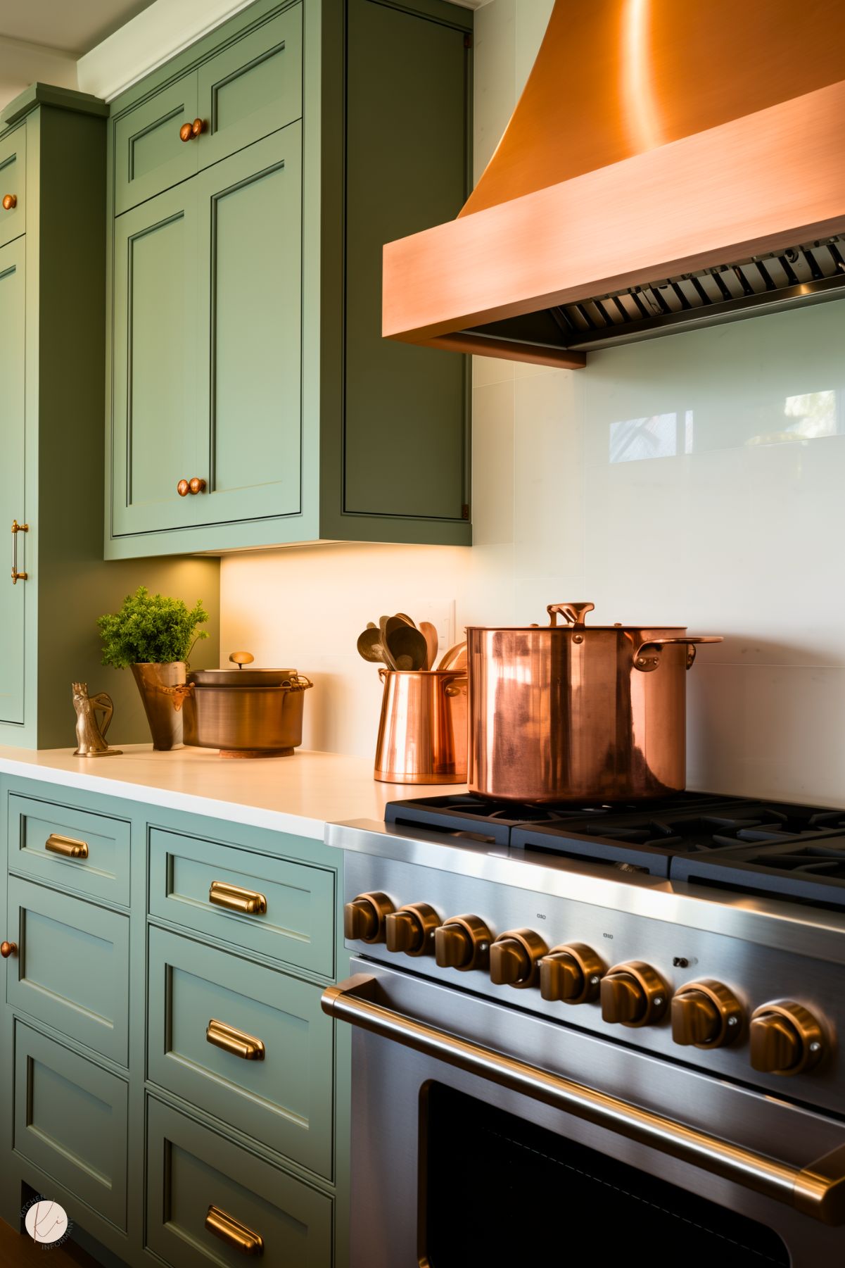 A vibrant kitchen with sage green cabinetry accented by brass handles and knobs. A striking copper range hood complements the polished copper cookware and utensils on the white countertop. A stainless steel stove with brass knobs adds a modern touch, while under-cabinet lighting highlights the warm and inviting design. A small potted plant adds a fresh, natural element to the space.