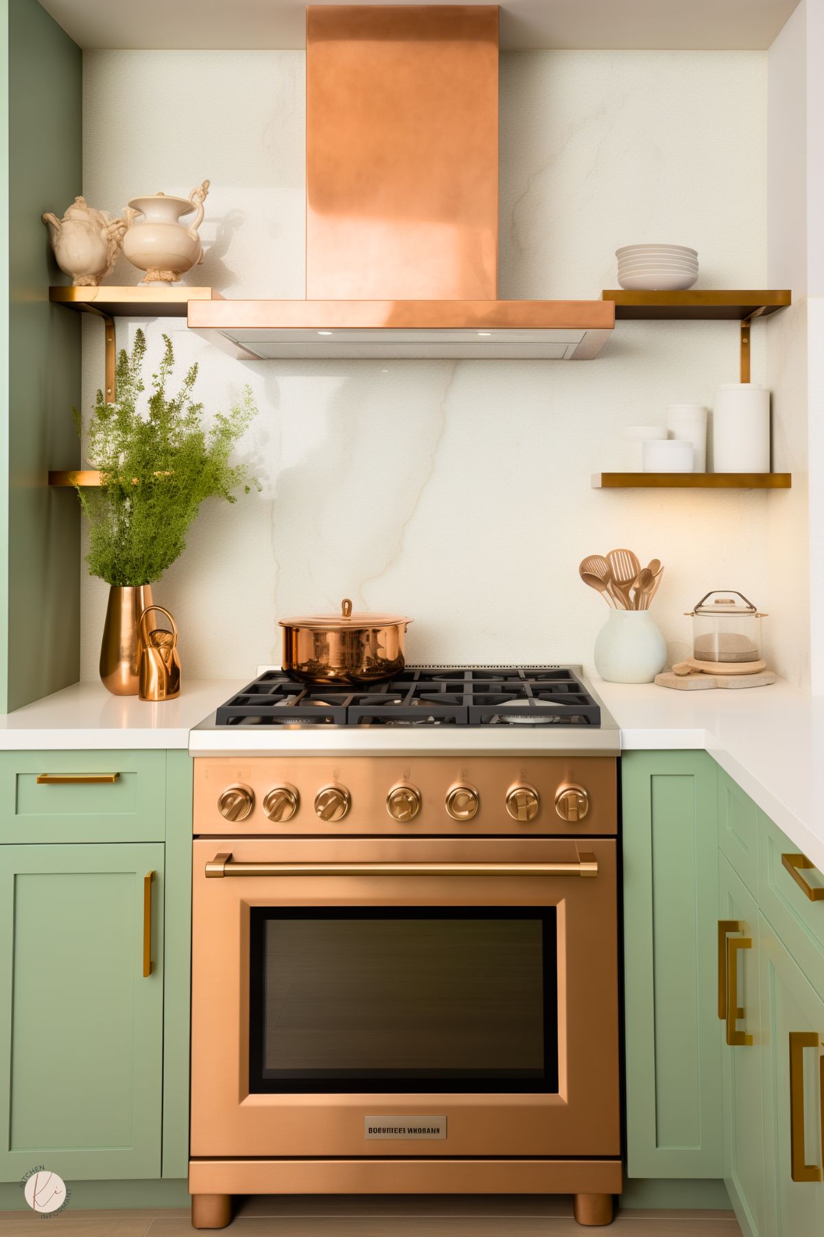 A stylish kitchen featuring sage green cabinetry with brass handles, complemented by a stunning copper range hood and matching copper stove. The clean white countertop and subtle marble-textured backsplash add a touch of elegance. Open brass shelves hold decorative items, including greenery and neutral ceramics, creating a harmonious balance between warmth and modern design.