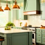 A bright kitchen featuring sage green cabinets, a matching range hood, and a large white island countertop. Accents include copper pendant lighting, brass hardware, and a subway tile backsplash. The space is decorated with greenery, apples, and warm natural light streaming through a large window.