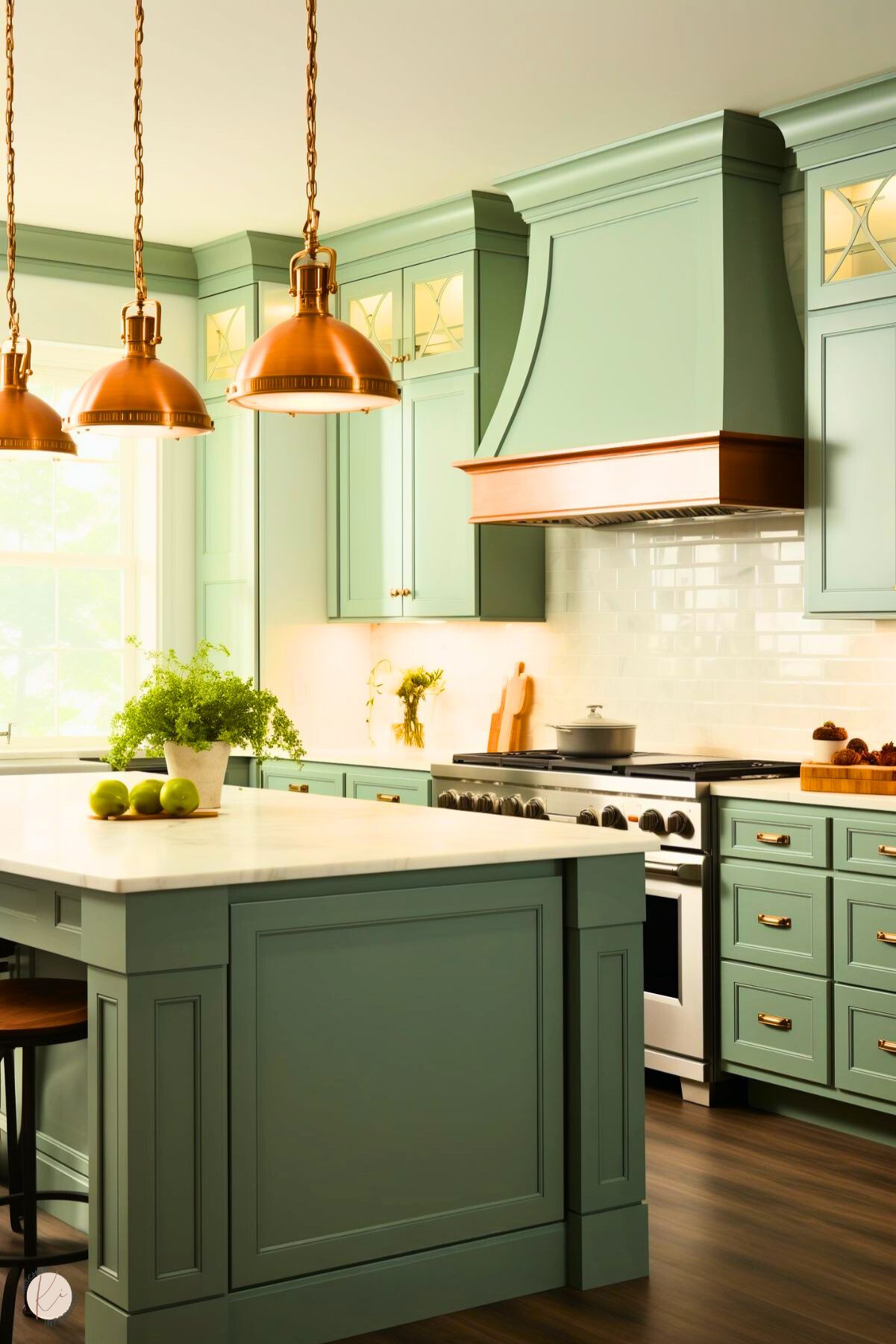 A bright kitchen featuring sage green cabinets, a matching range hood, and a large white island countertop. Accents include copper pendant lighting, brass hardware, and a subway tile backsplash. The space is decorated with greenery, apples, and warm natural light streaming through a large window.