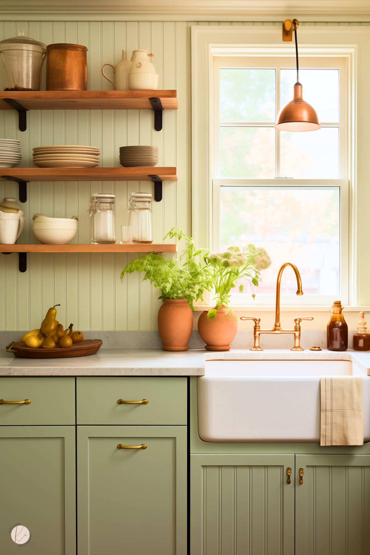 A cozy kitchen with sage green beadboard cabinets and a white farmhouse sink. The countertop features terracotta planters with fresh greenery and golden pears in a wooden bowl. Open wooden shelves display neutral-toned dishes, jars, and copper accents. A copper pendant light and a brass faucet add warmth, with natural light streaming through a window in the background.