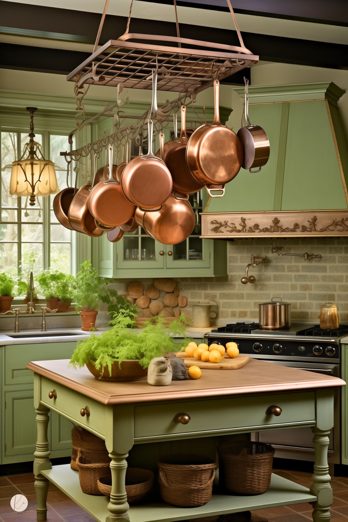 A traditional kitchen with sage green cabinets and a matching range hood featuring intricate floral detailing. A central island with a wooden countertop holds fresh greenery and lemons, with woven baskets underneath. A hanging pot rack displays copper cookware, adding warmth. Brick backsplash and large windows with natural light enhance the rustic charm, while terracotta pots with herbs sit by the farmhouse sink.