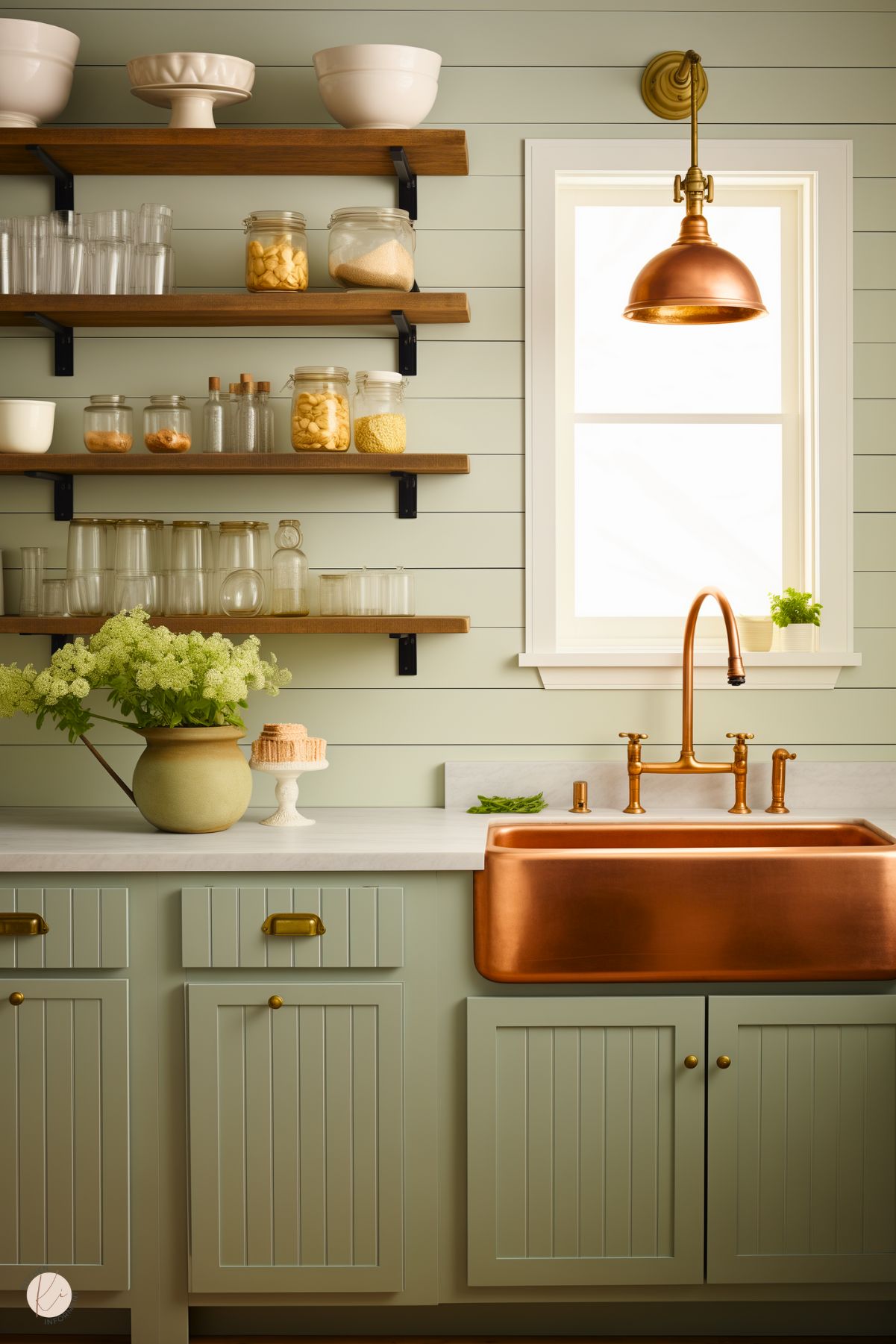 A charming kitchen with sage green beadboard cabinetry and brass hardware, highlighted by a bold copper farmhouse sink and matching gooseneck faucet. Wooden open shelves display glassware, jars, and white dishware against a light shiplap wall. A copper pendant light illuminates the space, while a vase of fresh greenery and decorative items add warmth and personality to this cozy, rustic design.