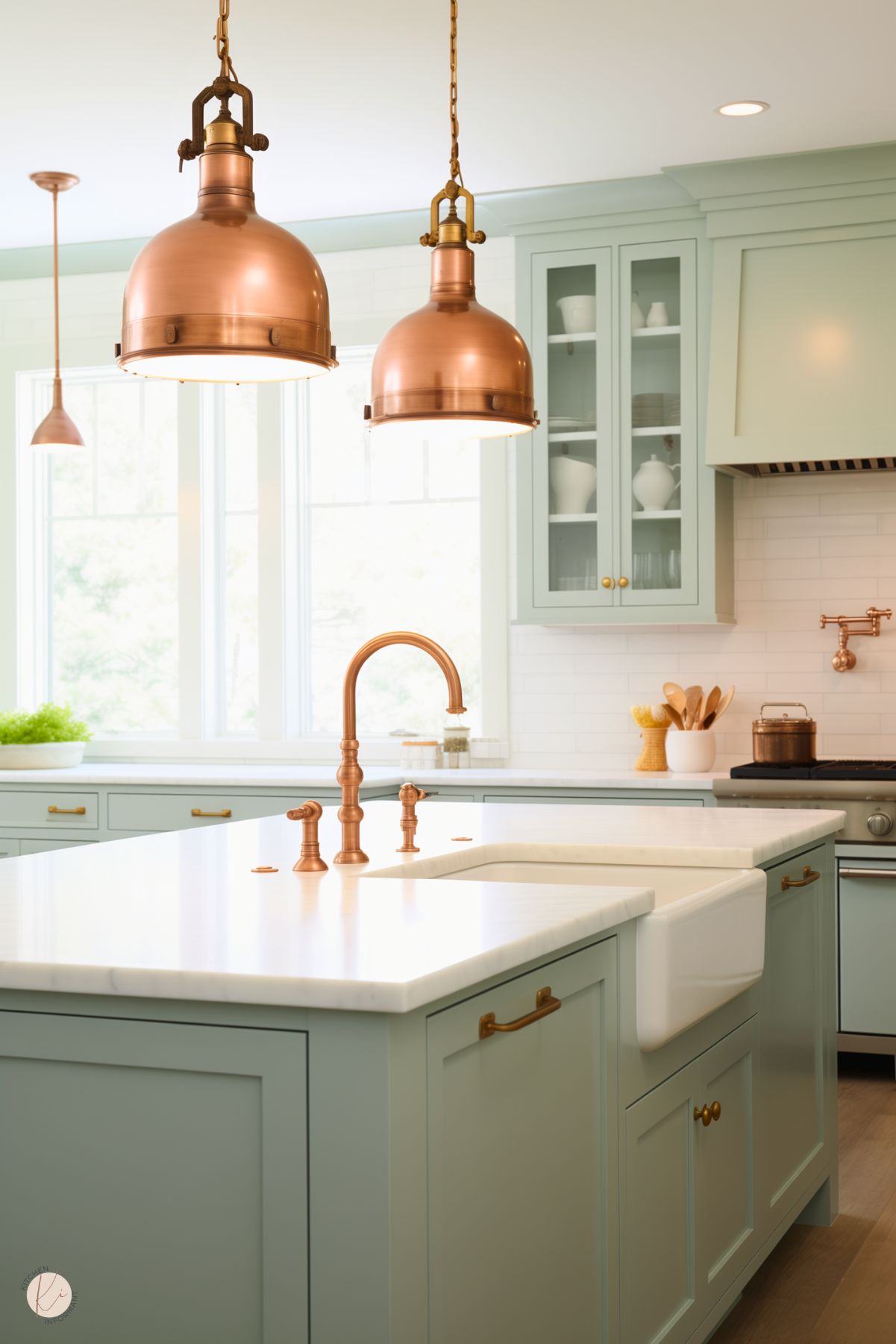 A modern kitchen with sage green cabinets, a large white farmhouse sink, and a clean white island countertop. Copper accents include oversized pendant lights, a gooseneck faucet, and cabinet hardware, adding warmth to the design. The backsplash features white subway tiles, and glass-front cabinets showcase simple white dishware. Natural light floods the space through large windows, creating an airy and bright atmosphere.