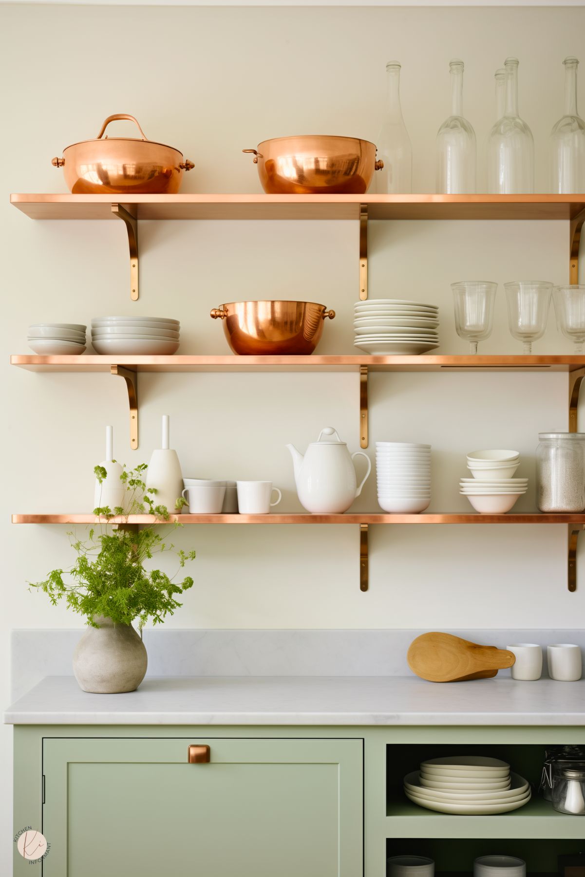 A bright kitchen with sage green cabinetry and sleek copper open shelving. The shelves are styled with copper pots, glass bottles, white dishes, and glassware for a clean, modern aesthetic. A white marble countertop adds a luxurious touch, while a small vase of fresh greenery brings a natural element to the minimalist space. The balance of copper and green creates a warm yet refreshing design.