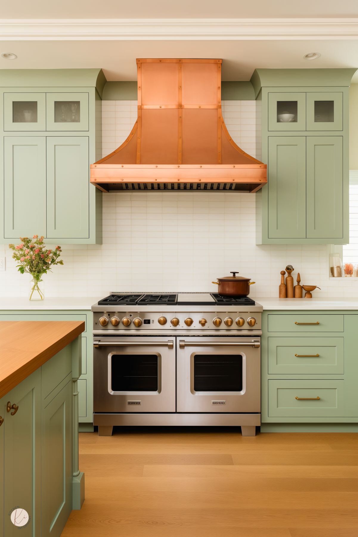 A stylish kitchen with sage green cabinets, a bold copper range hood as the focal point, and a stainless steel double oven with brass knobs. The backsplash features sleek white tiles, and the countertops are crisp white. Warmth is added with wooden accents, including a side countertop and decorative items. A small vase of flowers adds a touch of charm, while natural light highlights the clean, modern design.