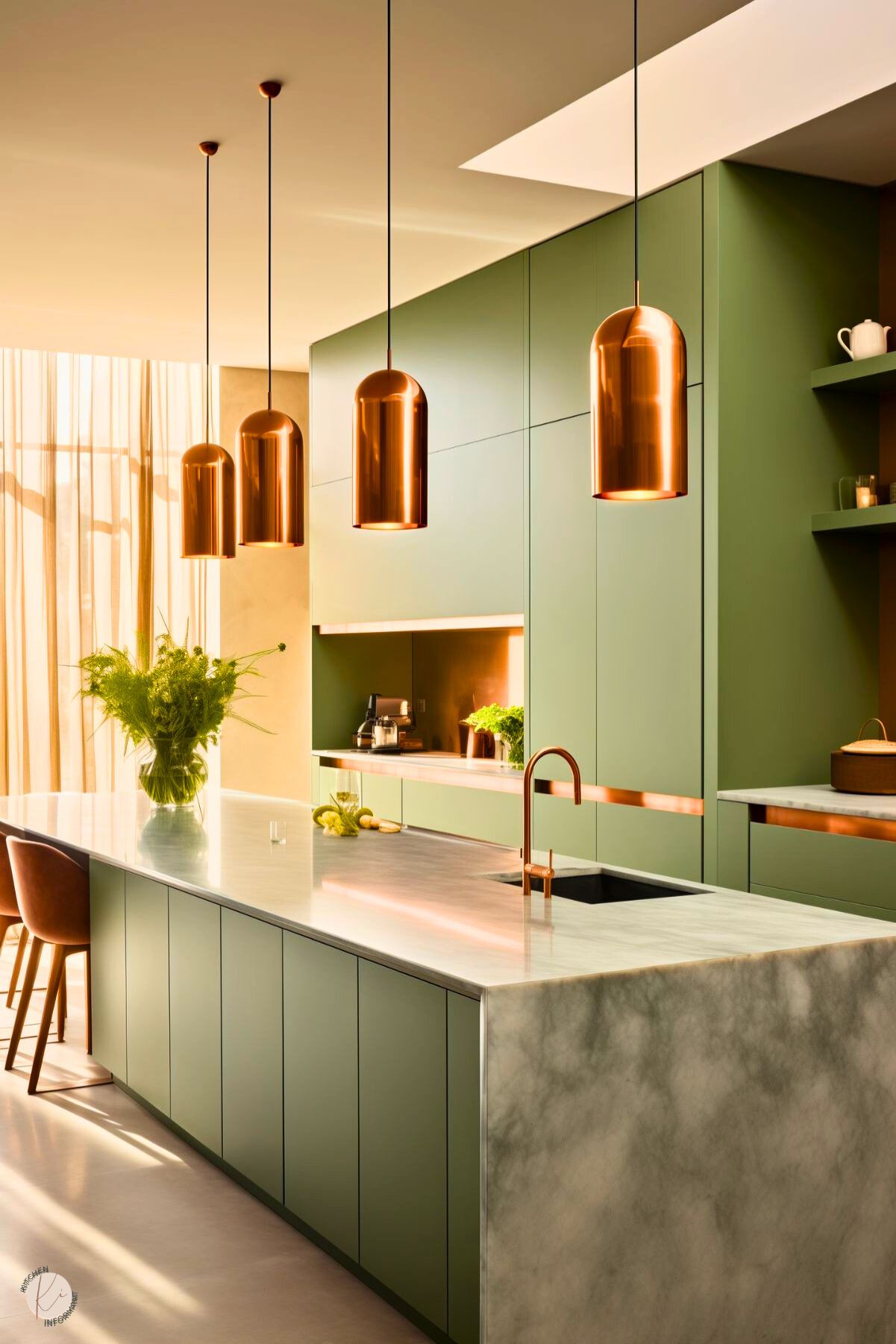 A contemporary kitchen featuring sage green cabinetry with clean lines and a marble island. The space is accented by copper pendant lights, a matching copper faucet, and a copper backsplash inset. A large window with sheer curtains allows natural light to brighten the space, complementing the modern aesthetic. Greenery and minimalist decor add a fresh, sophisticated touch to the design.