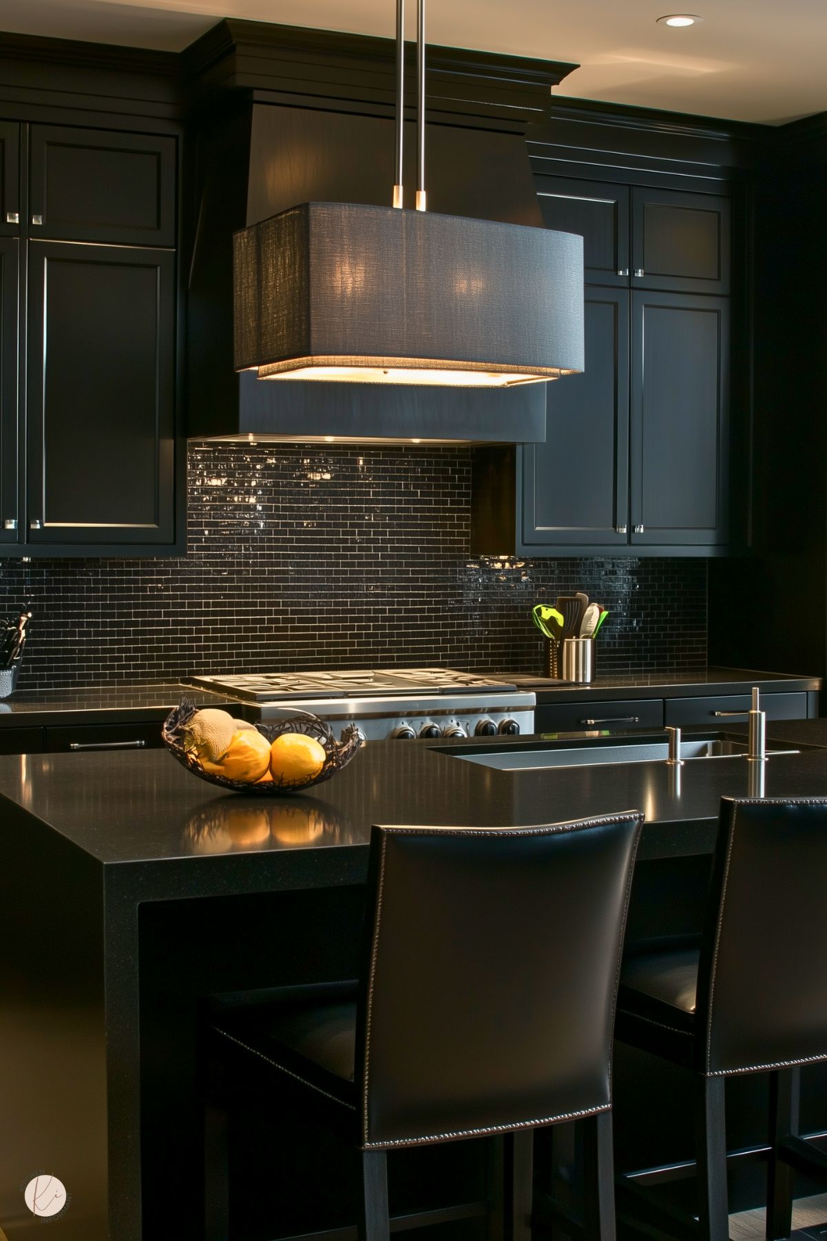 A modern kitchen with black cabinetry, a black island with an integrated sink, and a glossy black mosaic tile backsplash. A rectangular fabric pendant light hangs above the island, providing soft lighting. The range hood matches the cabinets for a seamless look, and a bowl of fruit adds a simple touch of color. Black leather barstools complete the space.