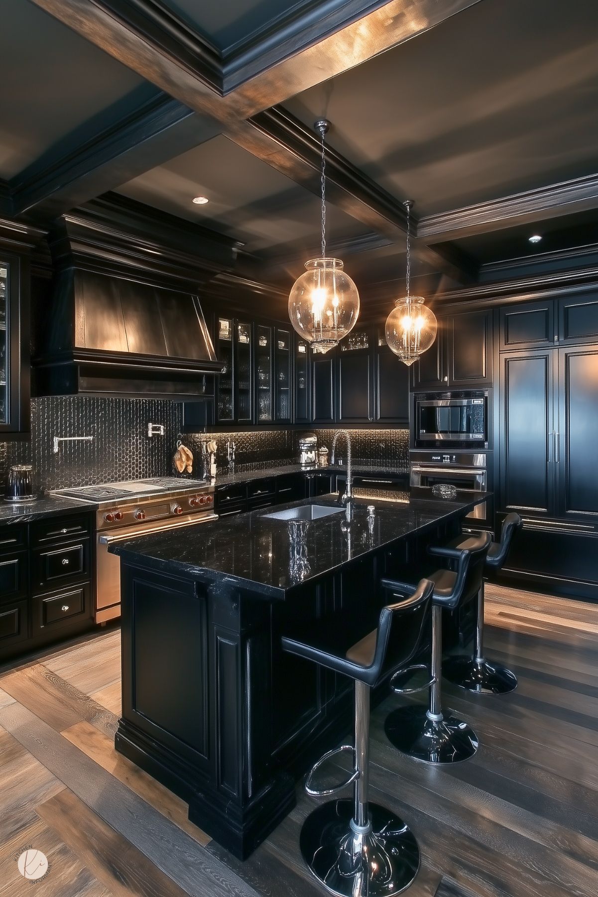 A sleek, modern kitchen with dramatic black cabinetry and coffered ceilings. The room features a central island with a polished black countertop, paired with three contemporary bar stools. Warm lighting from globe pendant fixtures highlights the reflective surfaces, while a mosaic tile backsplash adds texture. Stainless steel appliances and wood flooring complete the sophisticated design.