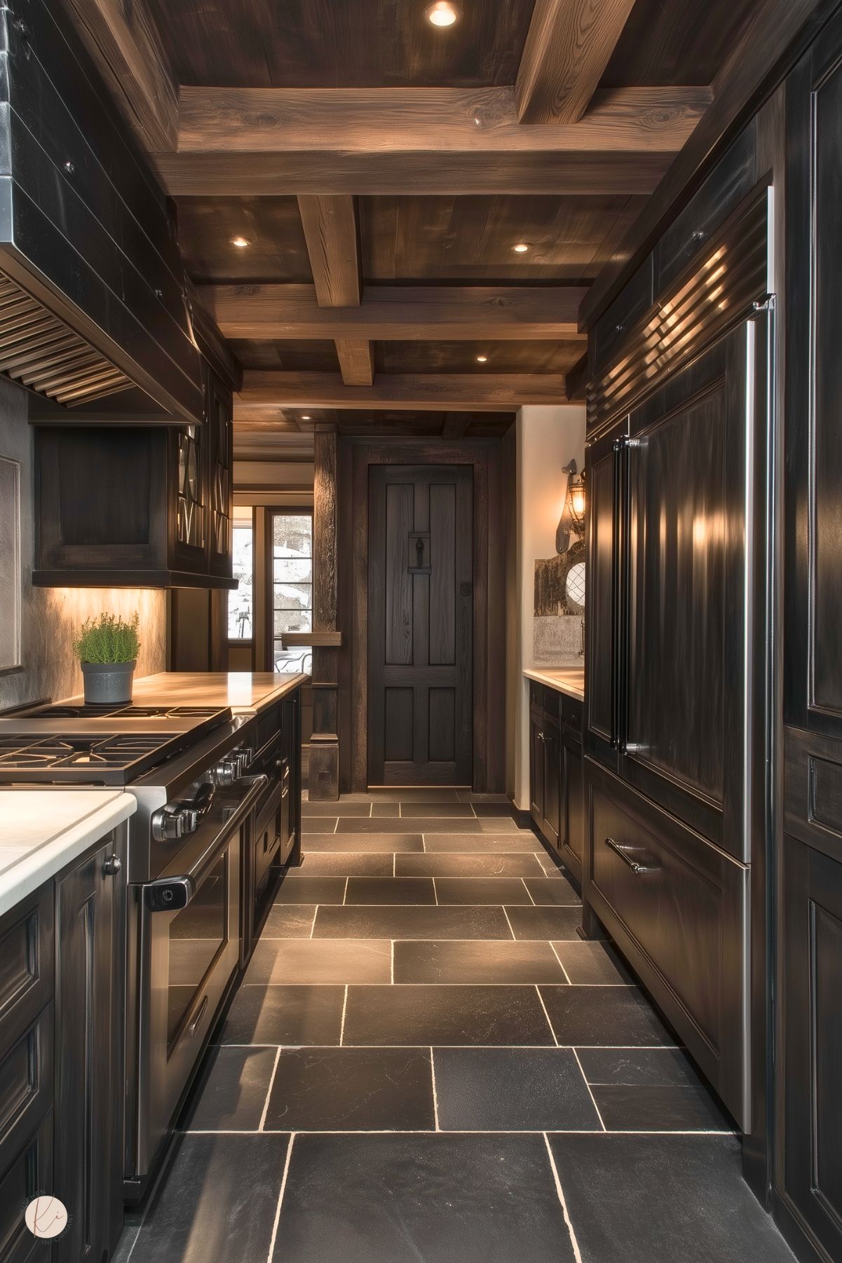 A rustic yet modern kitchen with dark wood cabinetry and a coffered ceiling showcasing rich wooden beams. The narrow galley-style layout features sleek stainless steel appliances, white countertops, and a dark stone tile floor with subtle texture. Warm recessed lighting highlights the natural wood grain, while a decorative lantern-style wall sconce adds character. A wooden door at the end of the space complements the overall earthy, sophisticated design.