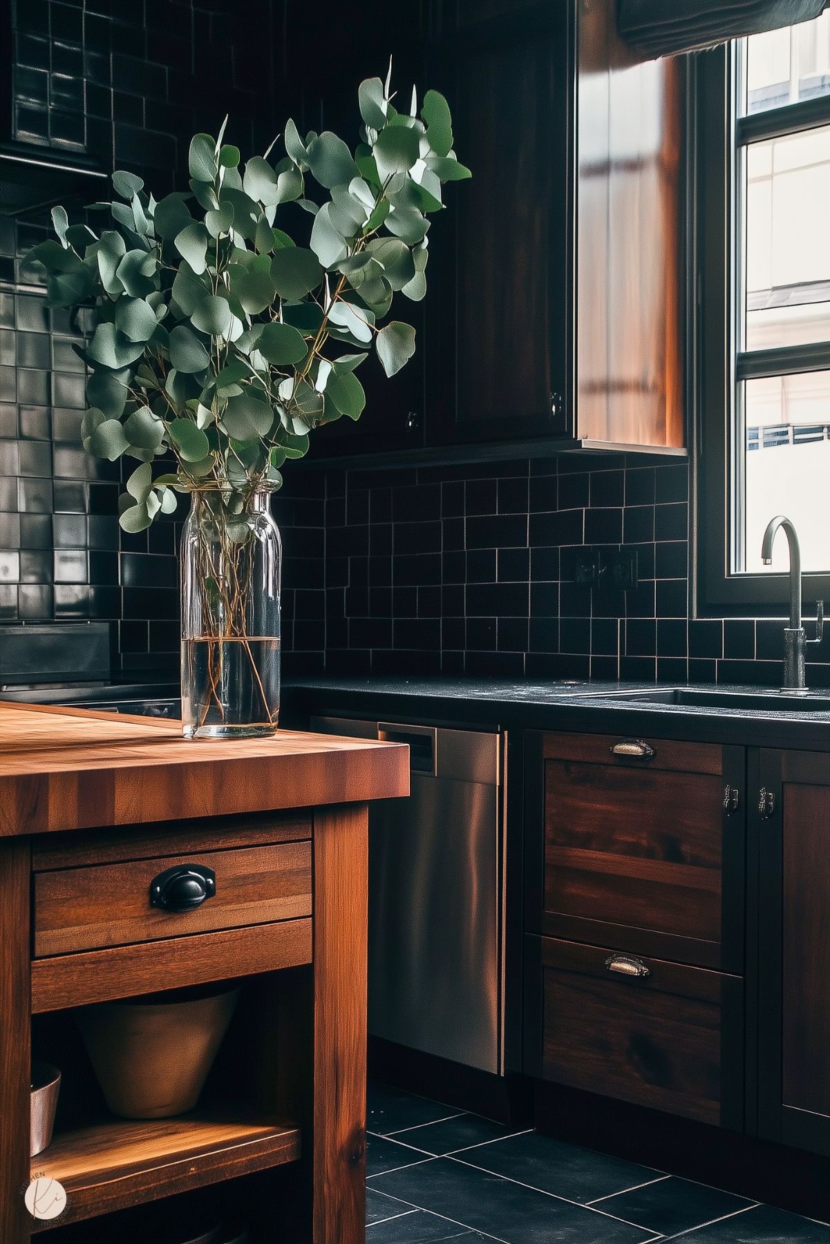 A warm kitchen design featuring dark wood cabinetry and a butcher block island. The backsplash is tiled in glossy black, creating a rich, dramatic contrast with the natural wood tones. A clear glass vase with eucalyptus branches sits on the island, adding a fresh, organic touch to the space. Stainless steel appliances and a sleek black countertop complete the sophisticated yet cozy look, enhanced by natural light streaming through the window.