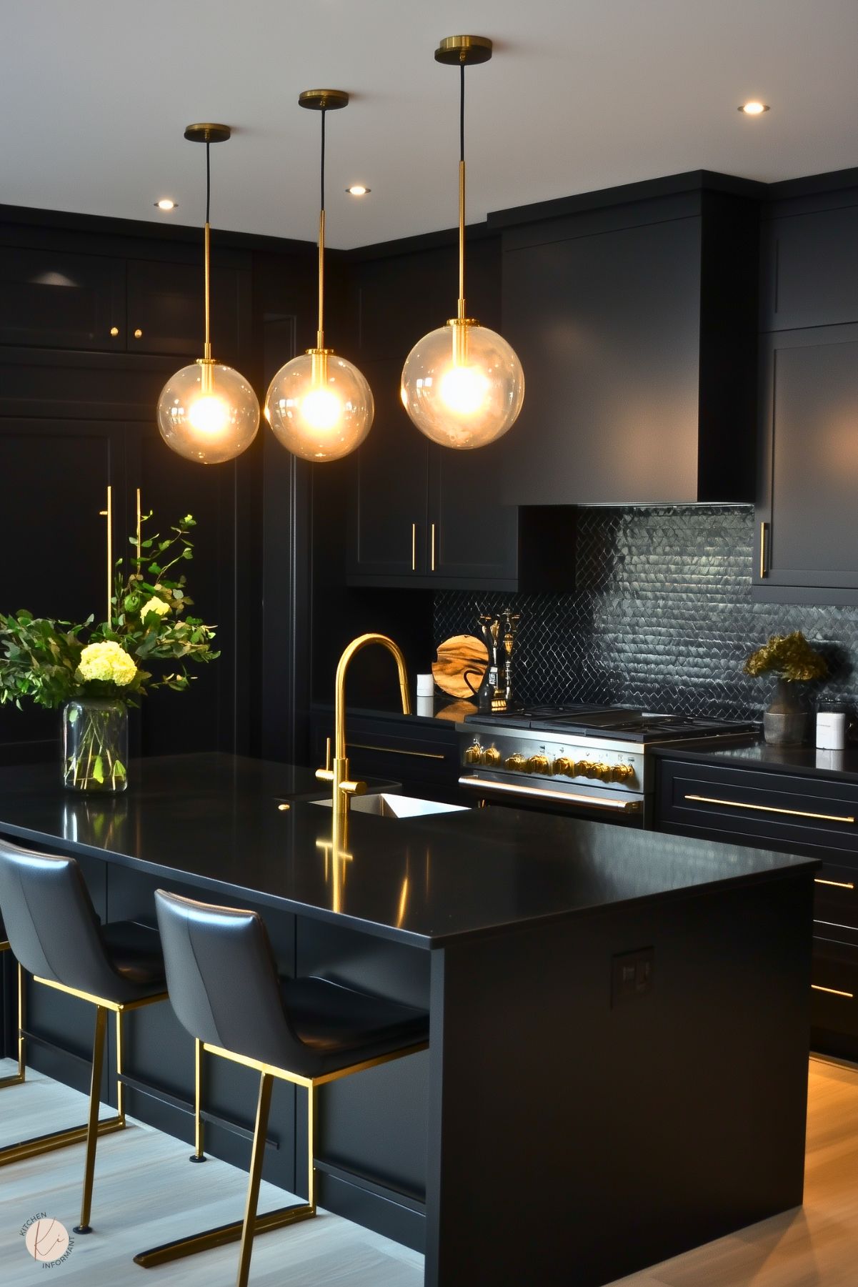 A sleek, modern kitchen with matte black cabinetry and a glossy black island countertop. Gold accents, including the faucet, cabinet hardware, and the base of barstools, add warmth and sophistication. Three large, round glass pendant lights with a warm glow hang above the island, creating a focal point. The backsplash features a textured black tile, enhancing depth and contrast. A vase with fresh greenery and yellow blooms sits on the island, providing a vibrant, natural touch. The light wood flooring balances the dark tones.