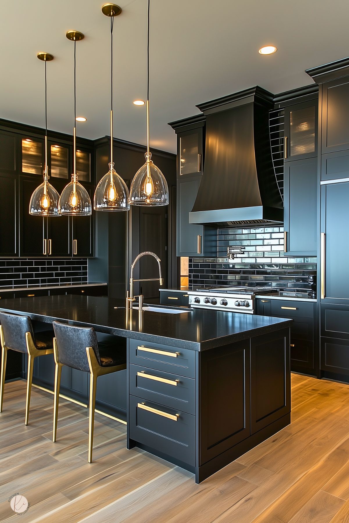 A sophisticated kitchen featuring matte black cabinetry, a matching black island, and a striking black range hood. Gold hardware and fixtures, including sleek handles and a modern faucet, add a touch of elegance. The island is illuminated by four glass pendant lights with warm bulbs, creating a cozy ambiance. The backsplash features glossy black subway tiles, adding depth and texture. The light wood flooring provides a warm contrast to the dark tones, tying the space together beautifully.