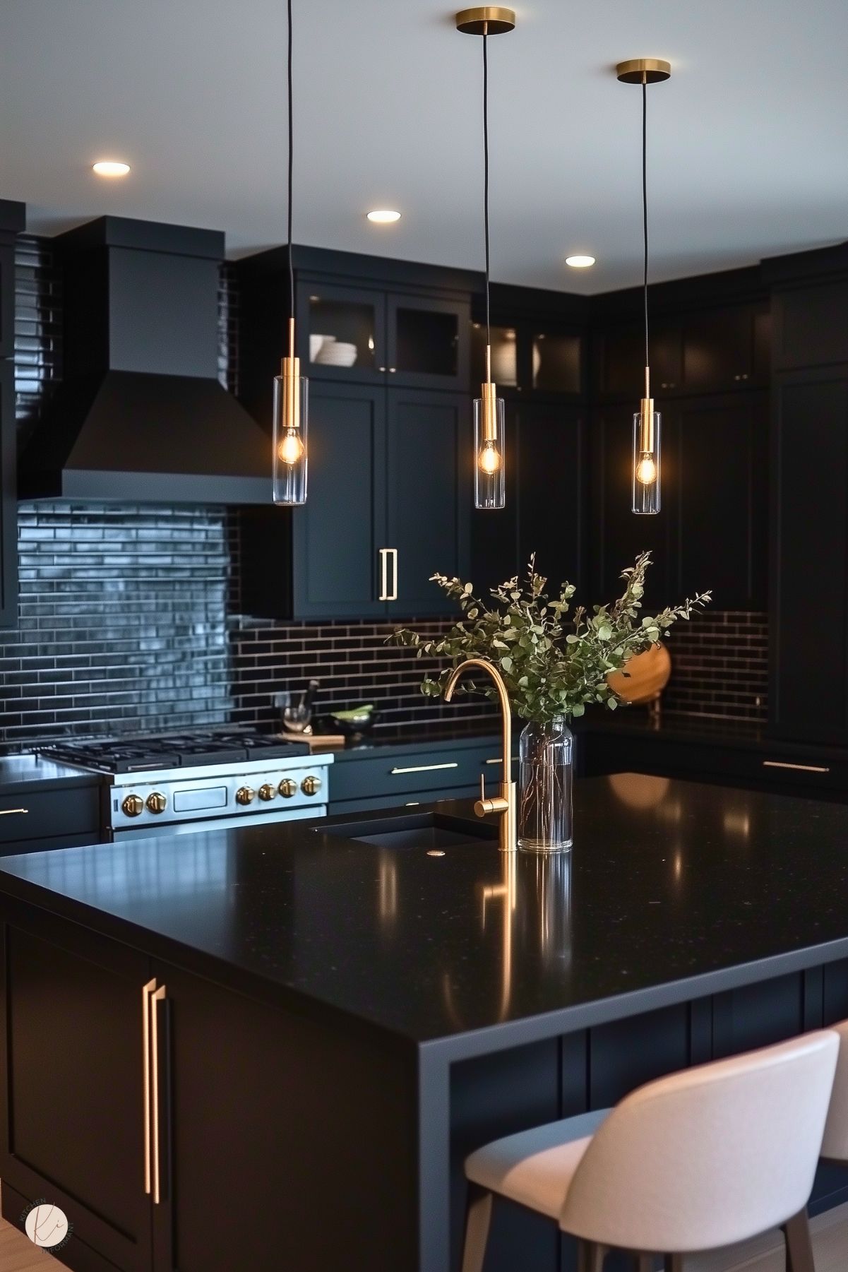 A contemporary kitchen with matte black cabinetry and a matching island topped with a polished black countertop. Sleek gold accents, including a modern faucet and hardware, add a touch of luxury. The backsplash features glossy black subway tiles, creating depth and texture. Pendant lights with clear glass and brass details hang above the island, casting warm light. A vase with eucalyptus adds a fresh, natural element to the clean, sophisticated design.