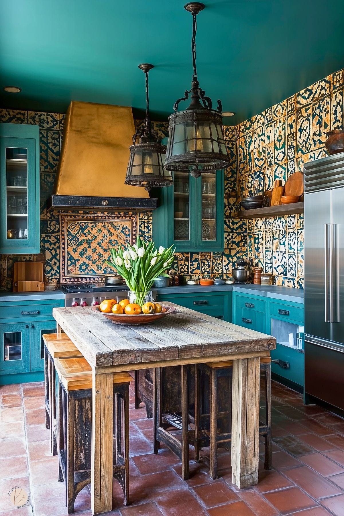 A vibrant kitchen with teal cabinetry, a patterned tile backsplash, and a golden range hood as the focal point. The rustic wooden island features natural wood tones, surrounded by matching stools. Bold pendant lights hang from the teal ceiling, while a bowl of fresh oranges and a vase of white tulips add a lively touch. Terra cotta flooring enhances the warm, eclectic design.